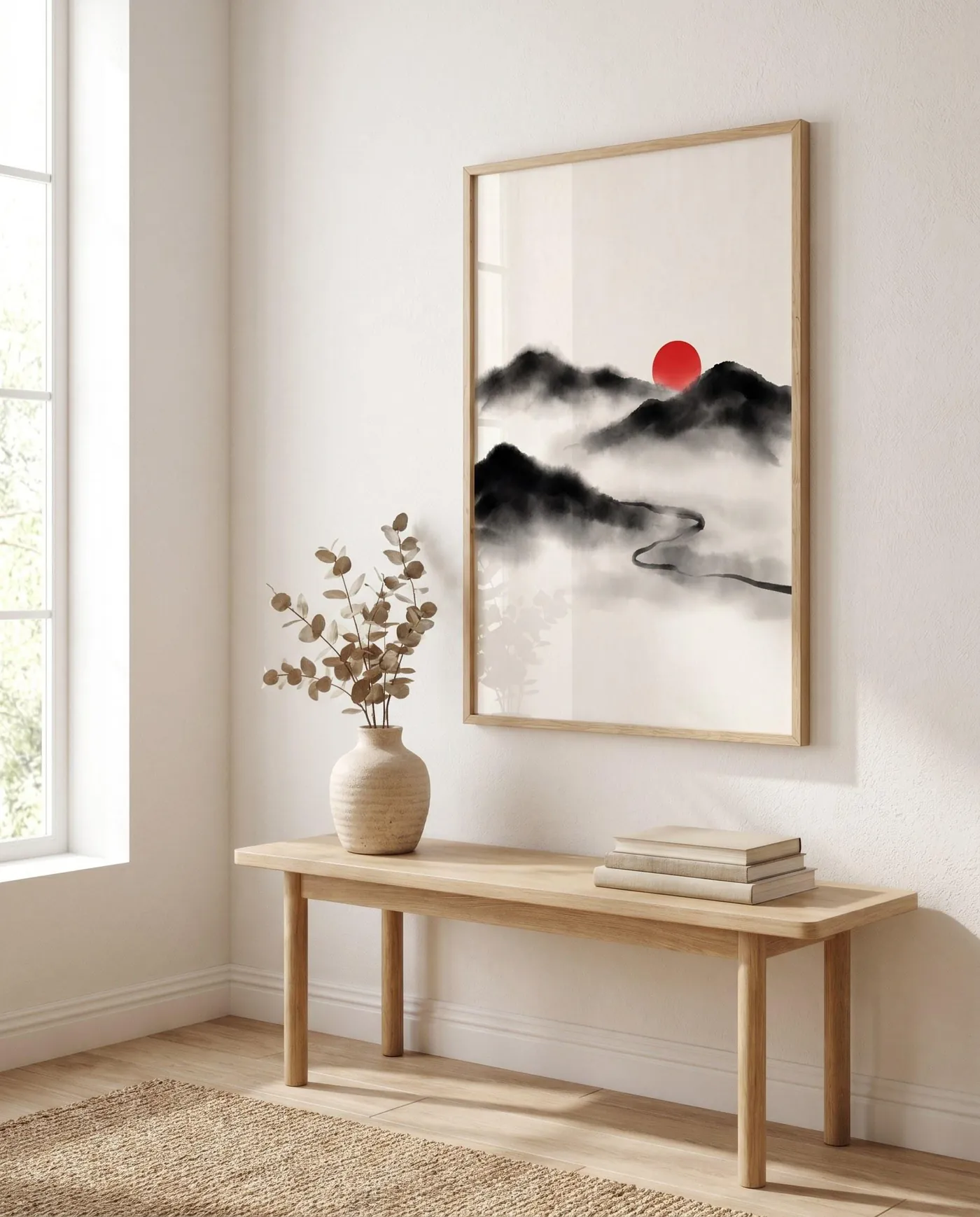 Japanese Landscape Art | Red Sun Japandi Misty Sumi-e Ink Print | Black and White Zen Decor | Digital Download