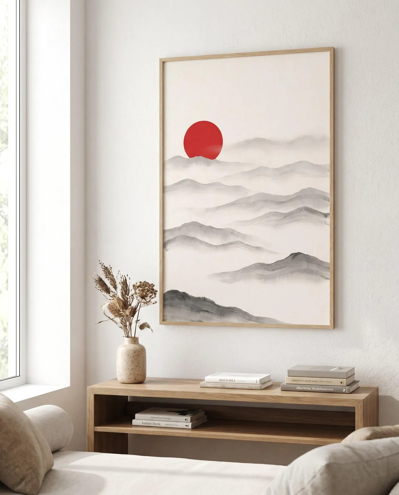 Japanese Landscape Art | Red Sun Wash Distant Sumi-e Ink Print | Black and White Zen Decor | Digital Download