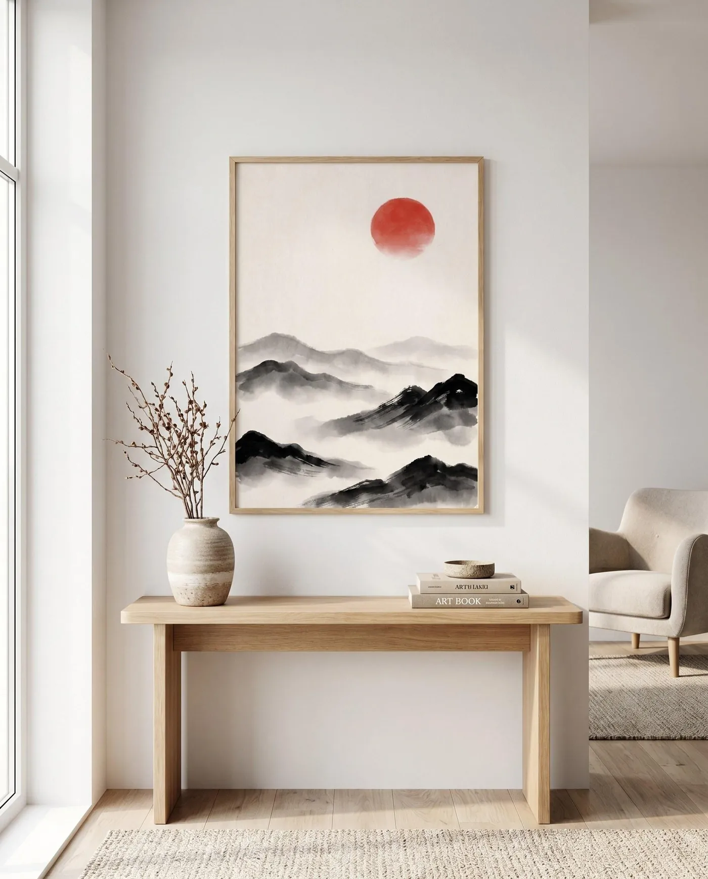 Japanese Landscape Art | Japandi Misty Mountains Red Sumi-e Ink Print | Black and White Zen Decor | Digital Download