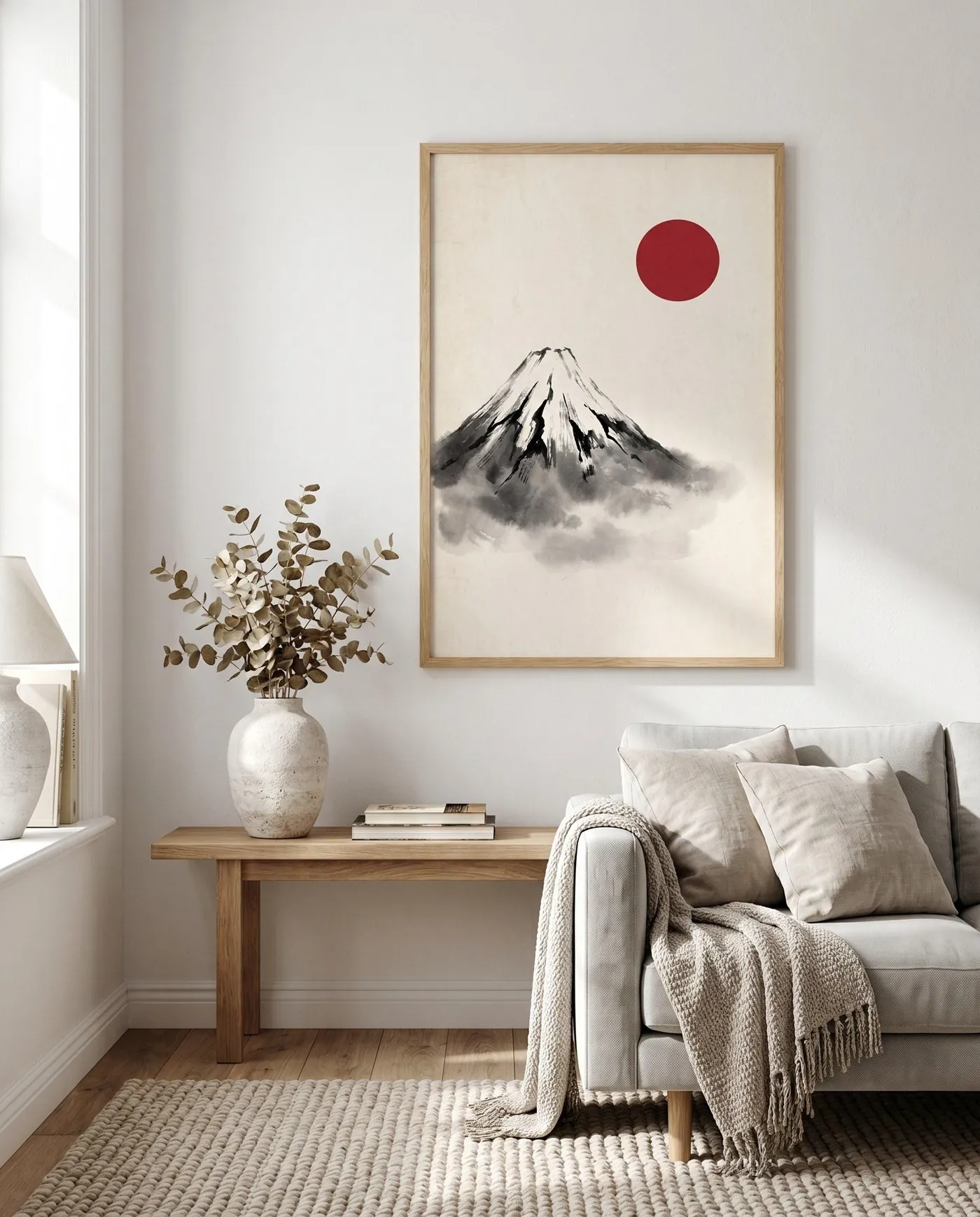 Japanese Landscape Art | Snow Peak Red Sun Sumi-e Ink Print | Black and White Zen Decor | Digital Download