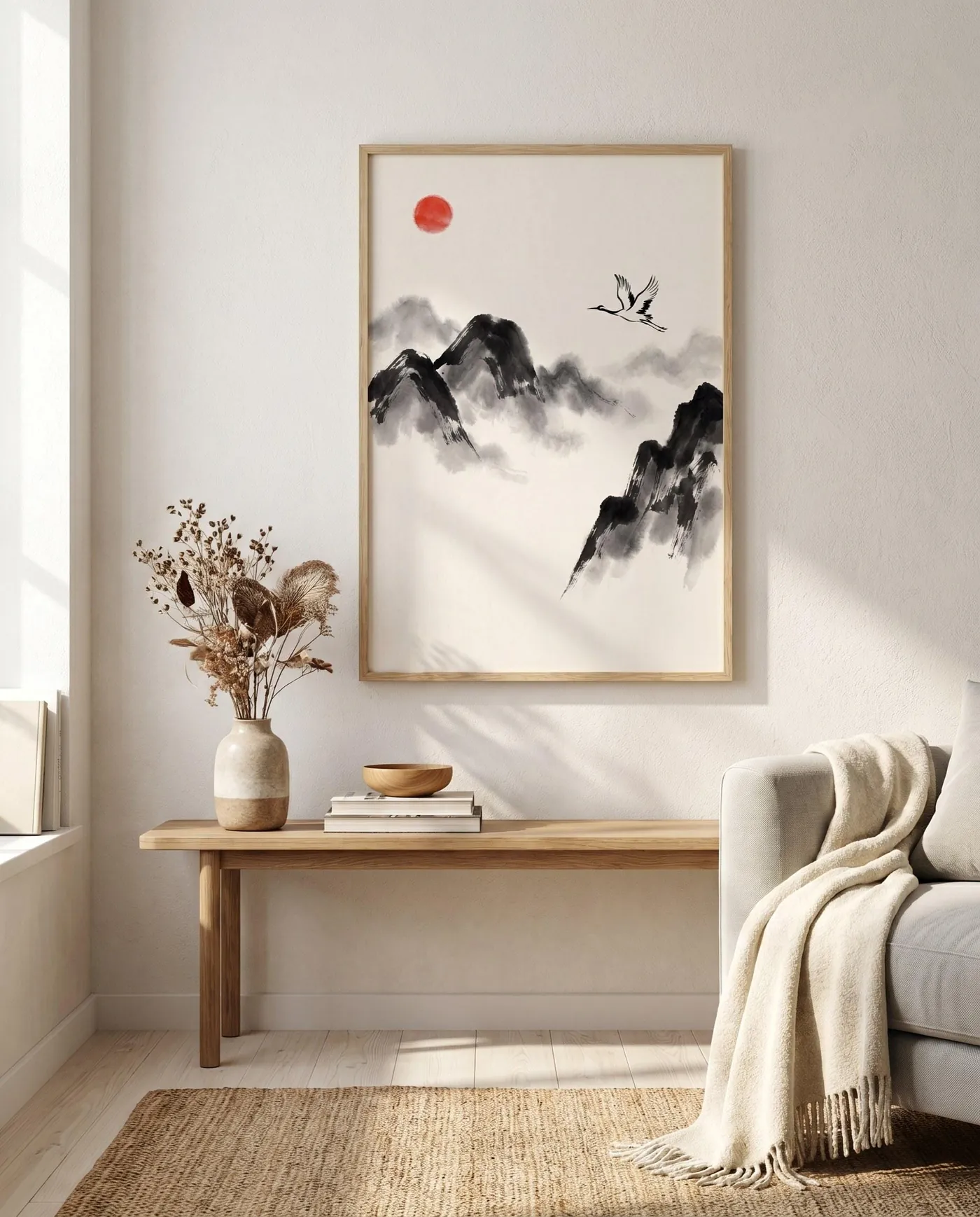 Koi Fish Wall Art | Red Sun Misty Peaks Sumi-e Ink Print | Black and White Zen Decor | Digital Download | Printable Wall Art