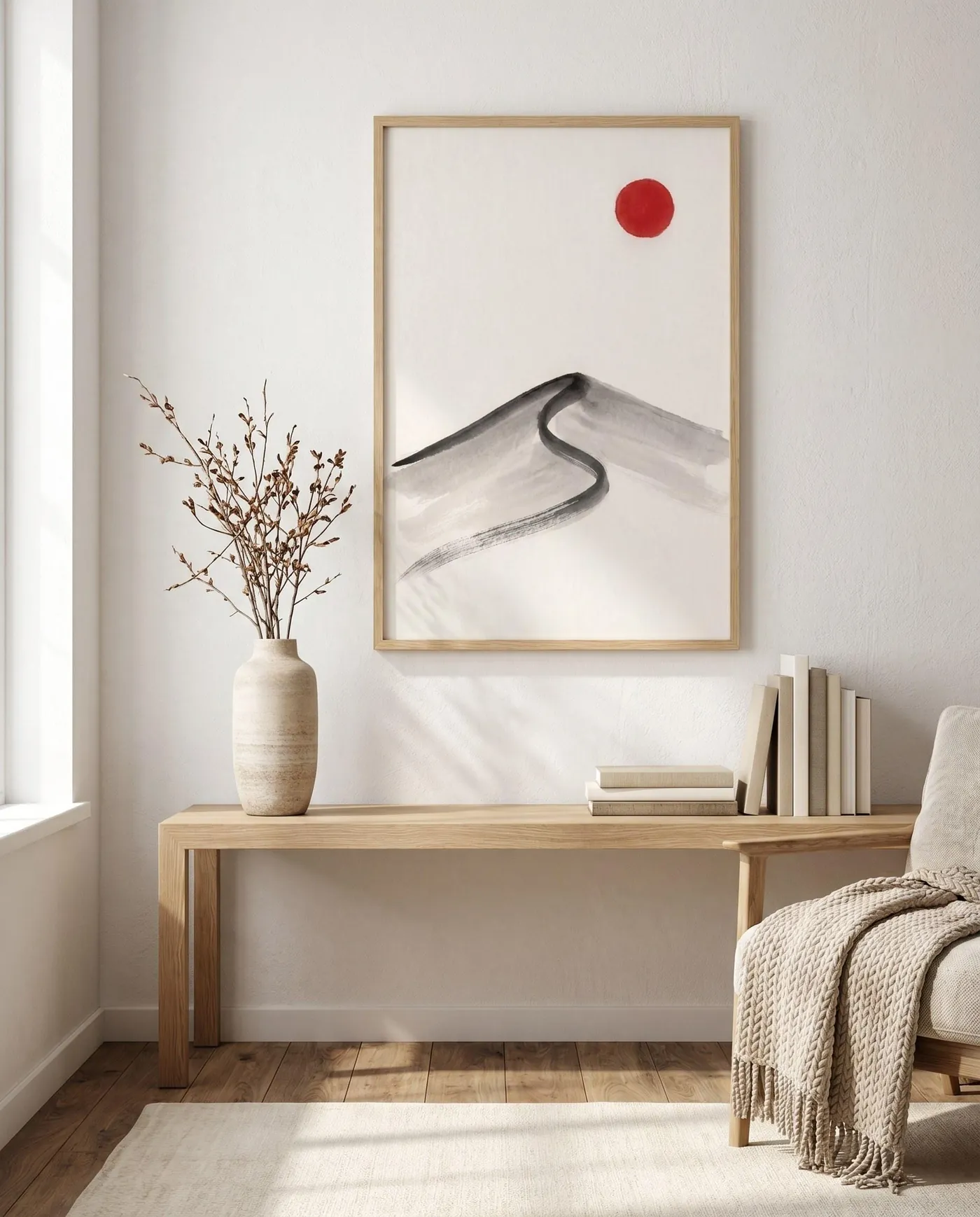 Japanese Landscape Art | Red Sun Wash Sand Sumi-e Ink Print | Black and White Zen Decor | Digital Download