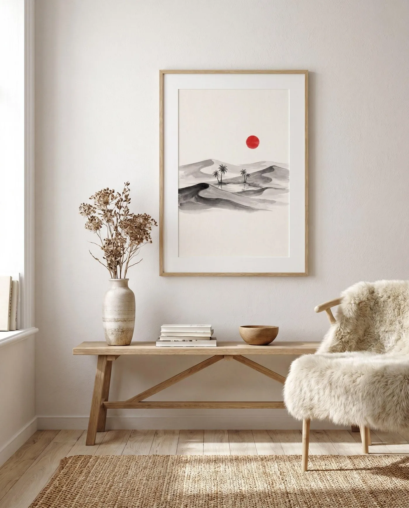 Japanese Landscape Art | Red Sun Desert Oasis Sumi-e Ink Print | Black and White Zen Decor | Digital Download