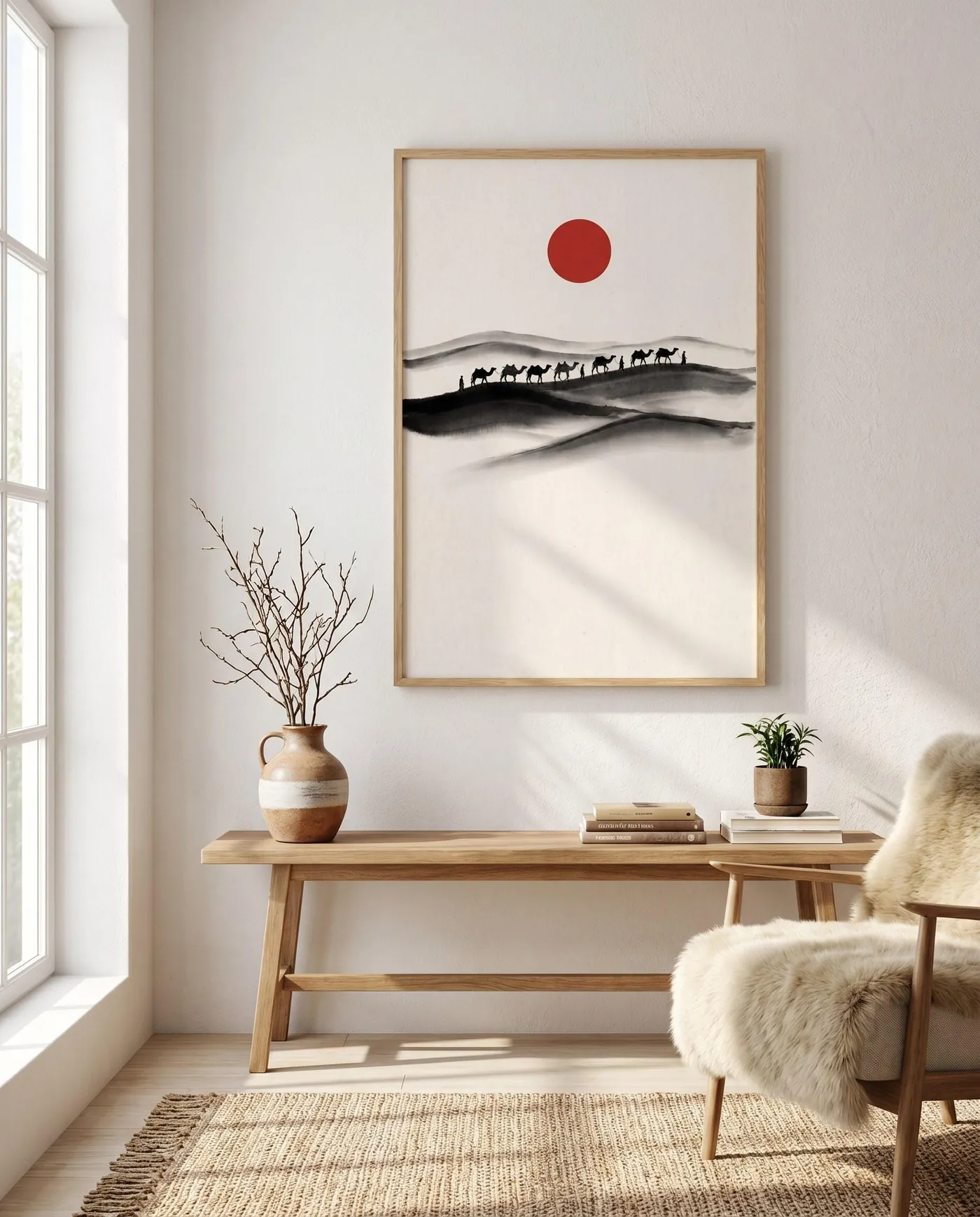 Japanese Landscape Art | Camel Caravan Desert Dunes Sumi-e Ink Print | Black and White Zen Decor | Digital Download