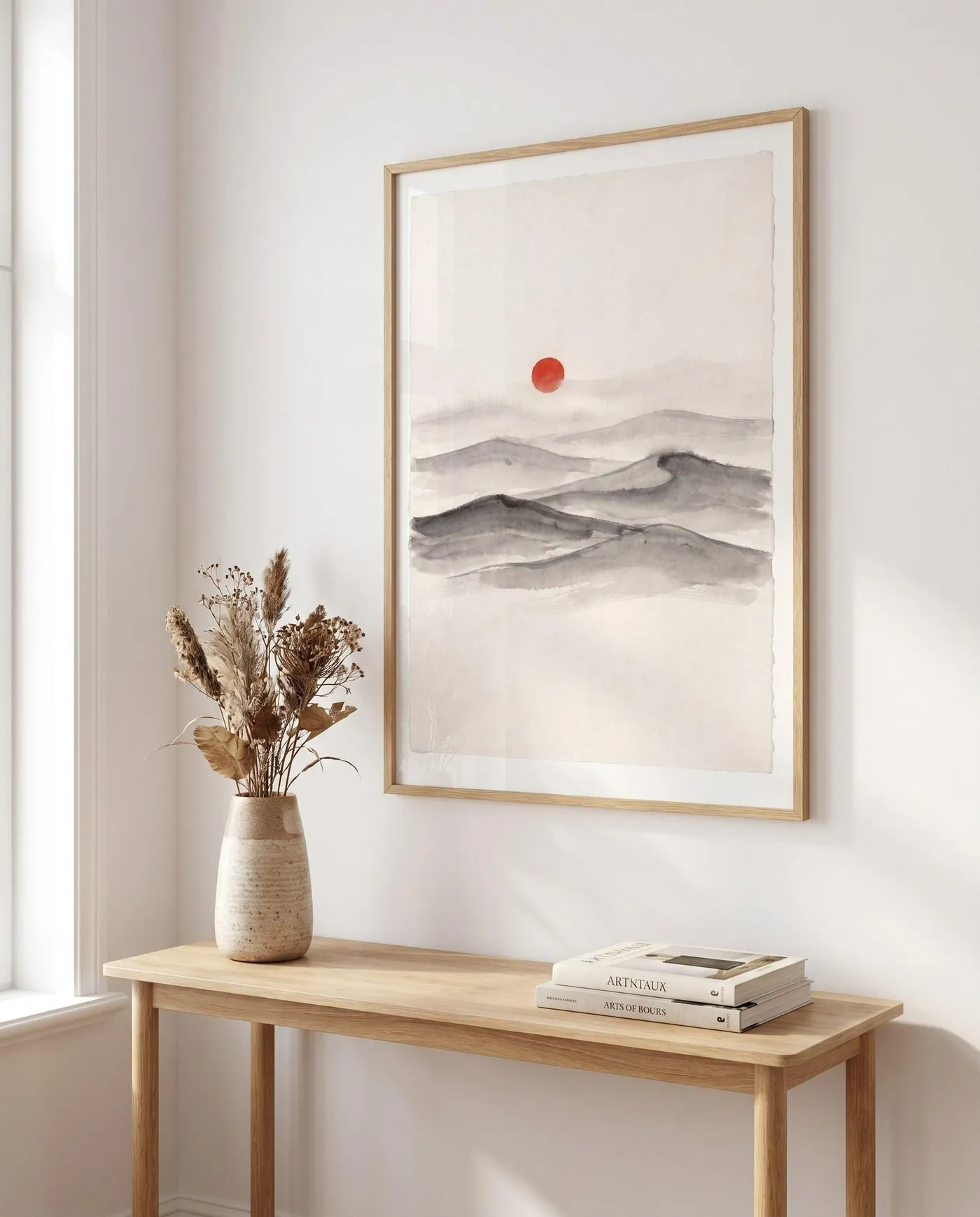 Japanese Landscape Art | Red Sun Wash Layered Sumi-e Ink Print | Black and White Zen Decor | Digital Download