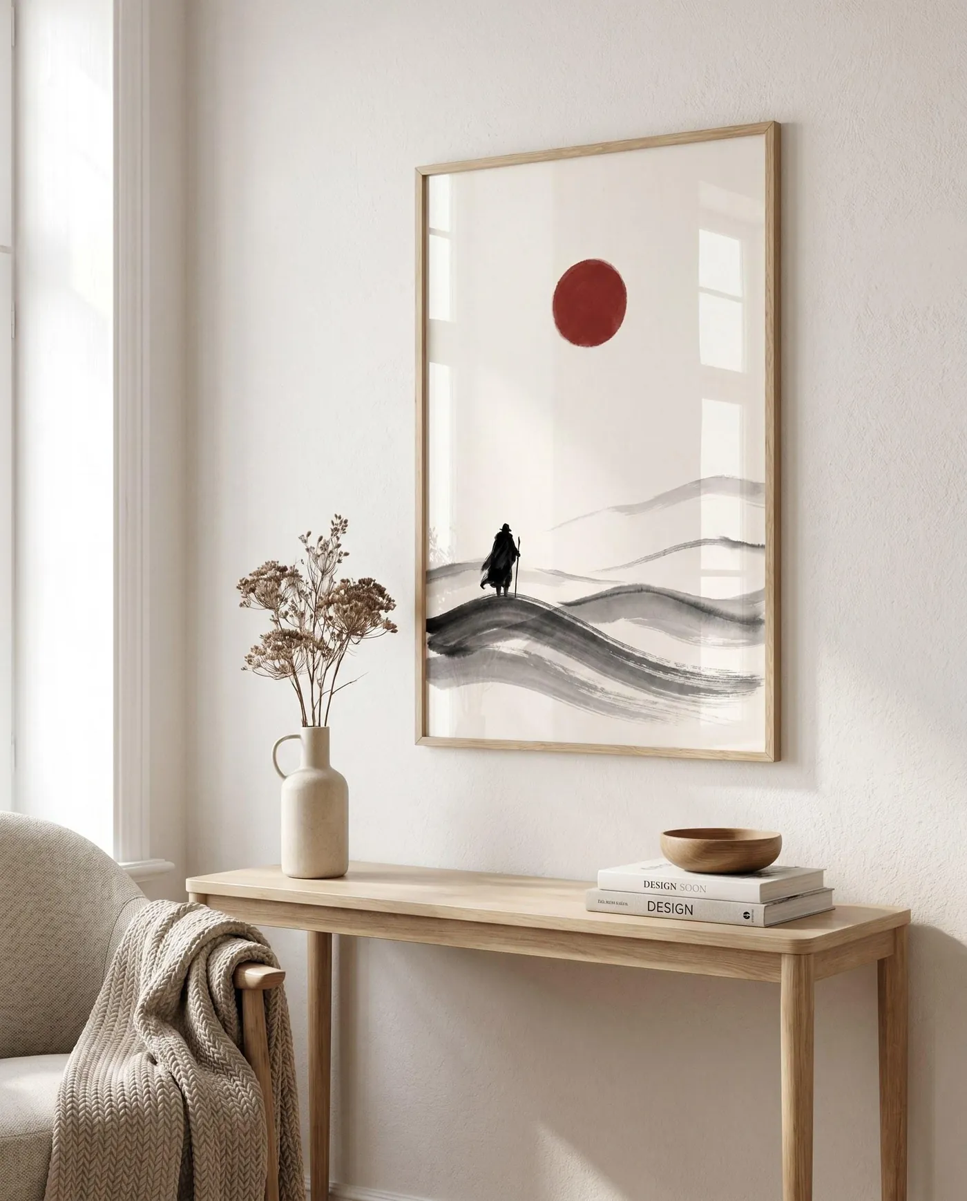 Japanese Landscape Art | Red Sun Dunes Boho Sumi-e Ink Print | Black and White Zen Decor | Digital Download