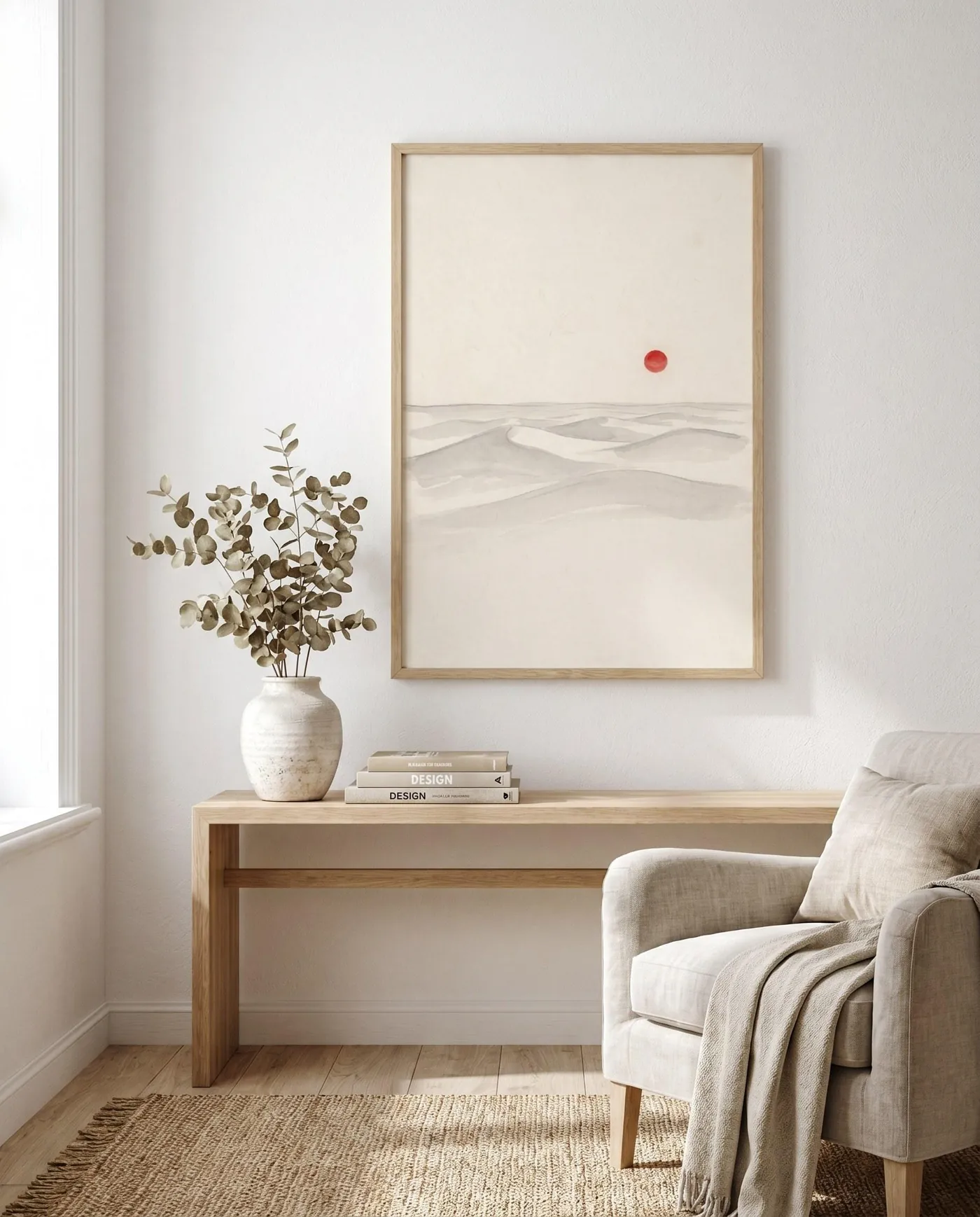 Desert Dunes Red Sun Minimalist Wall Art | Black White Zen Decor (Digital Download)