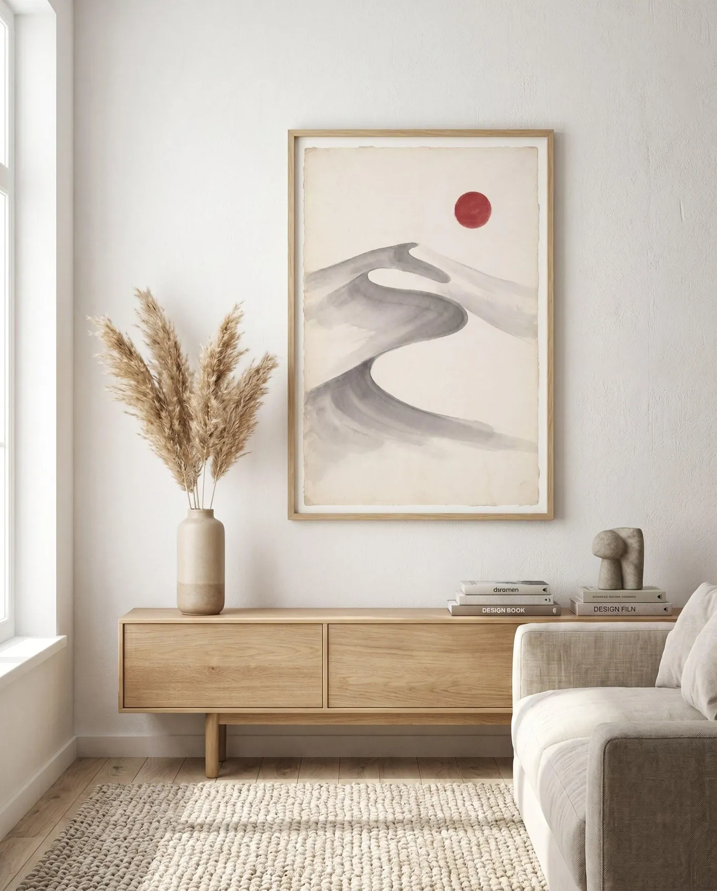 Japanese Landscape Art | Red Sun S Curve Sand Sumi-e Ink Print | Black and White Zen Decor | Digital Download