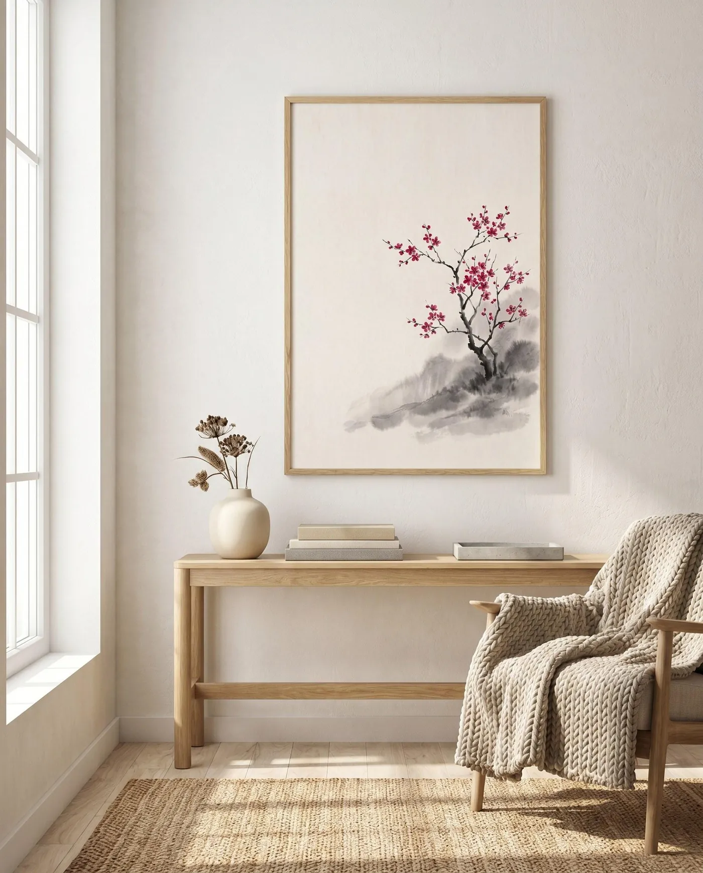 Cherry Blossom Ink Print | Minimalist Japandi Zen Wall Art (Digital Download)