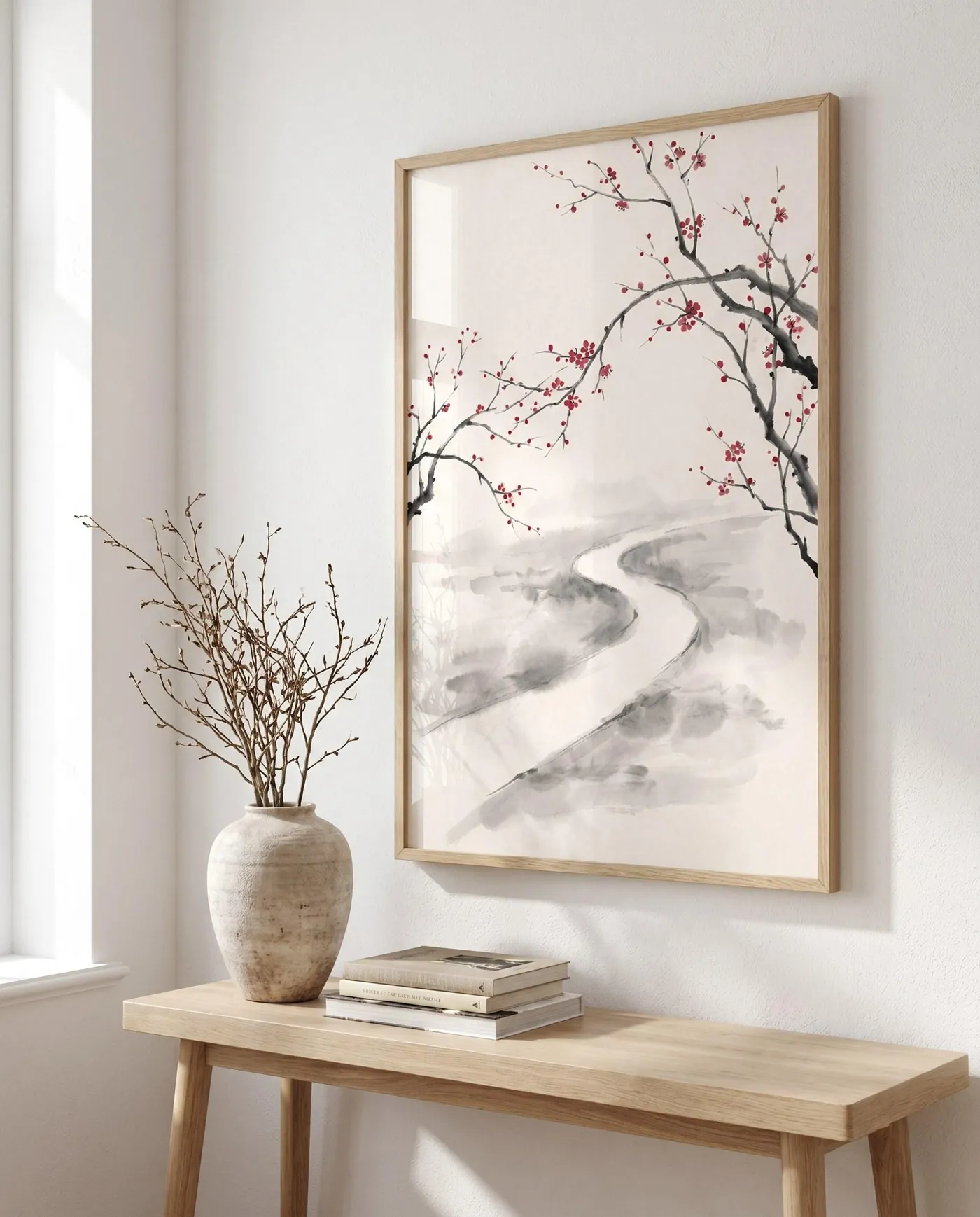 Botanical Wall Art | Japandi Cherry Blossom Path Sumi-e Ink Print | Black and White Zen Decor | Digital Download