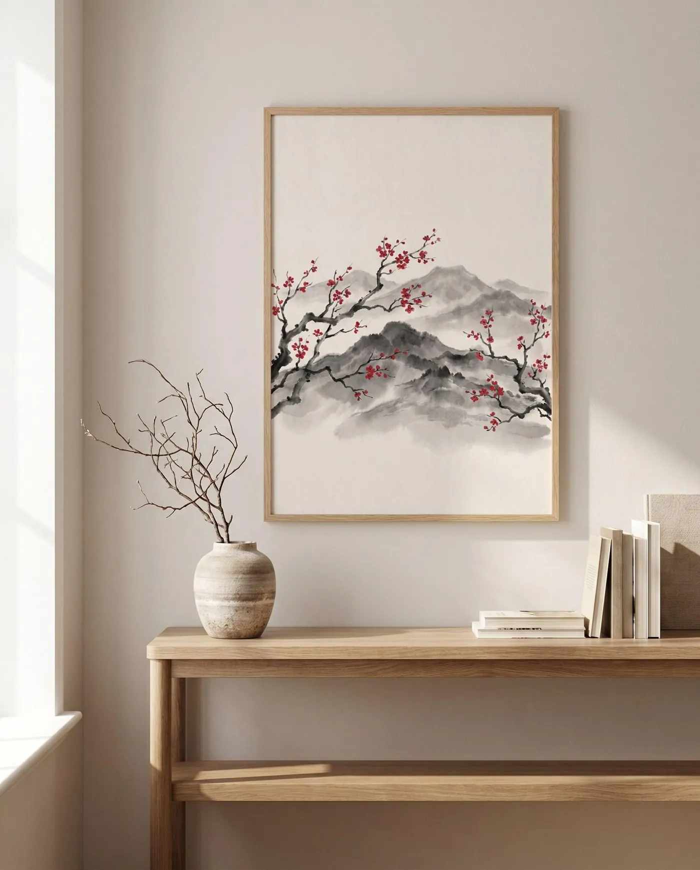 Botanical Wall Art | Japandi Cherry Blossoms Misty Sumi-e Ink Print | Black and White Zen Decor | Digital Download