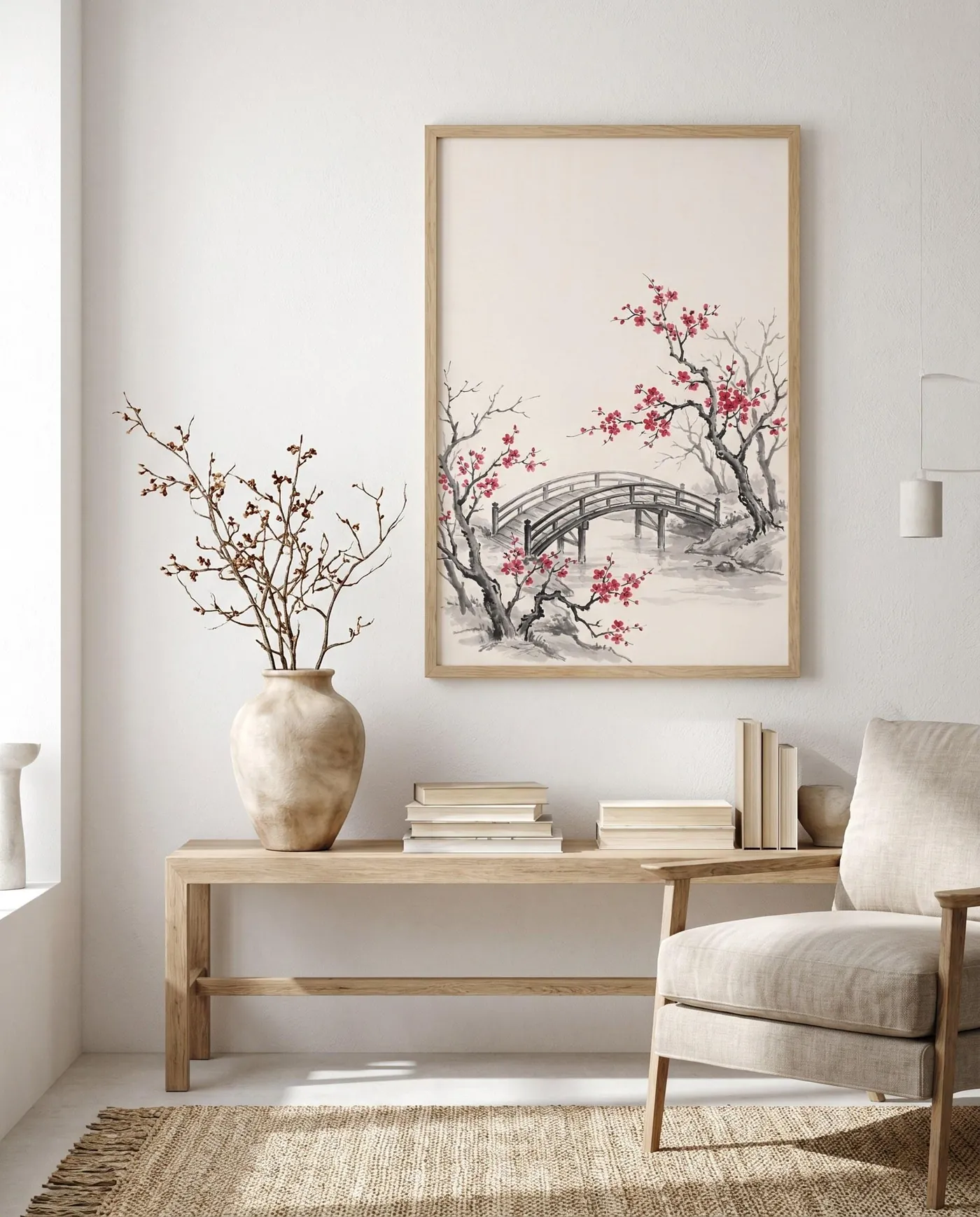 Cherry Blossom Bridge Ink Print | Black White Red Japandi Zen Wall Art (Digital Download)