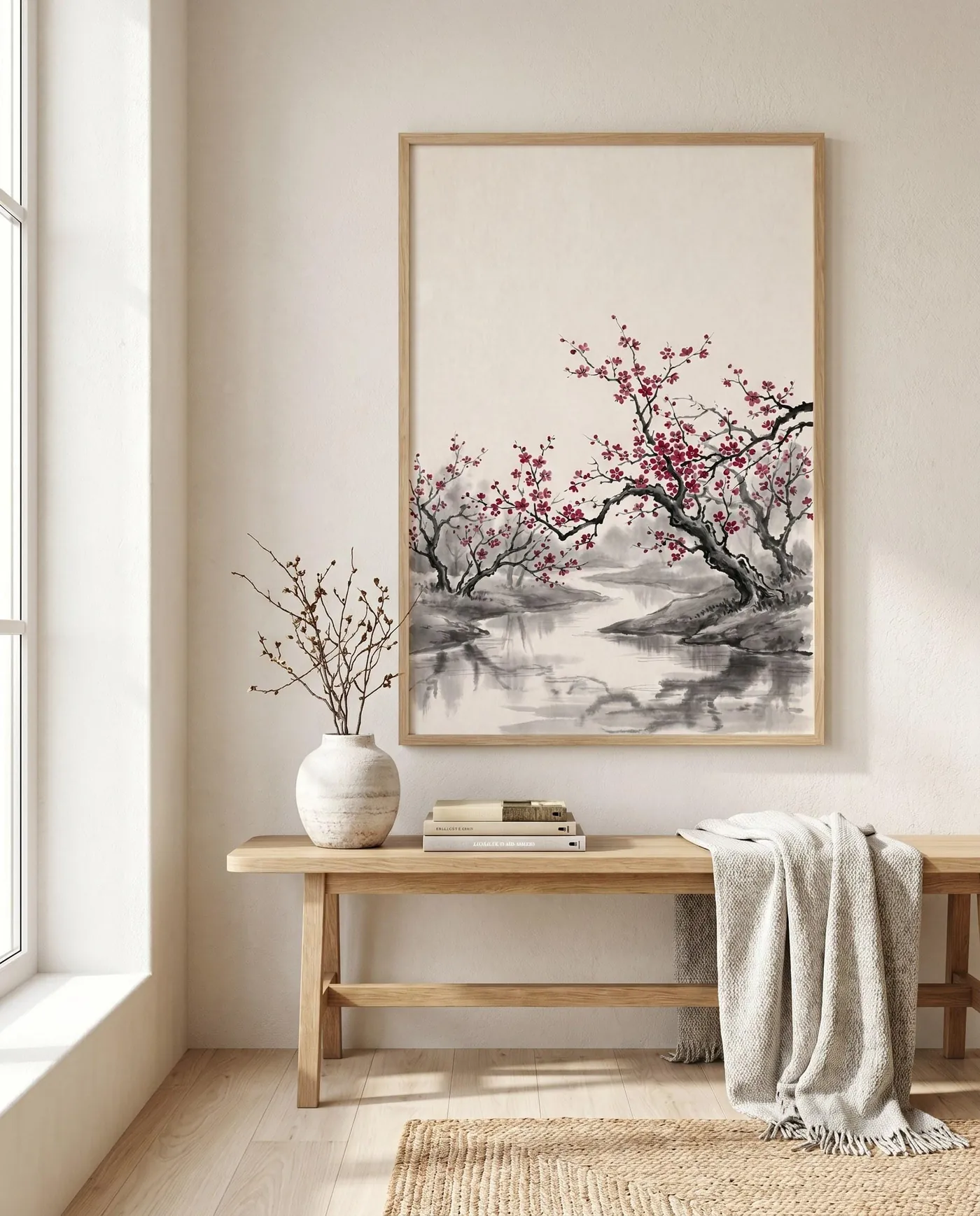 Cherry Blossom River Ink Painting | Black White Red Japandi Wall Art (Digital Download)