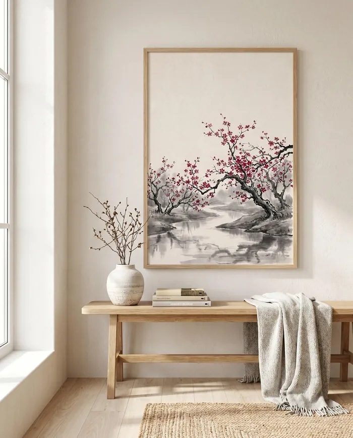 Cherry Blossom River Ink Painting | Black White Red Japandi Wall Art (Digital Download)