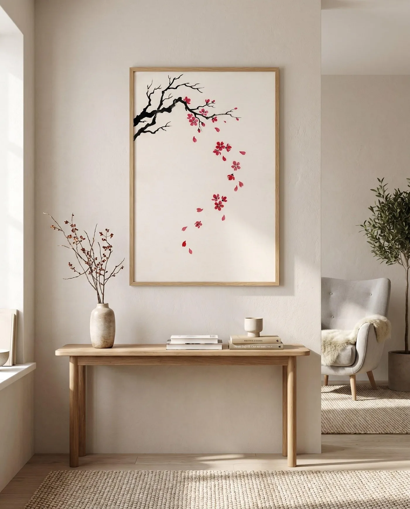 Botanical Wall Art | Red Japandi Falling Cherry Sumi-e Ink Print | Black and White Zen Decor | Digital Download