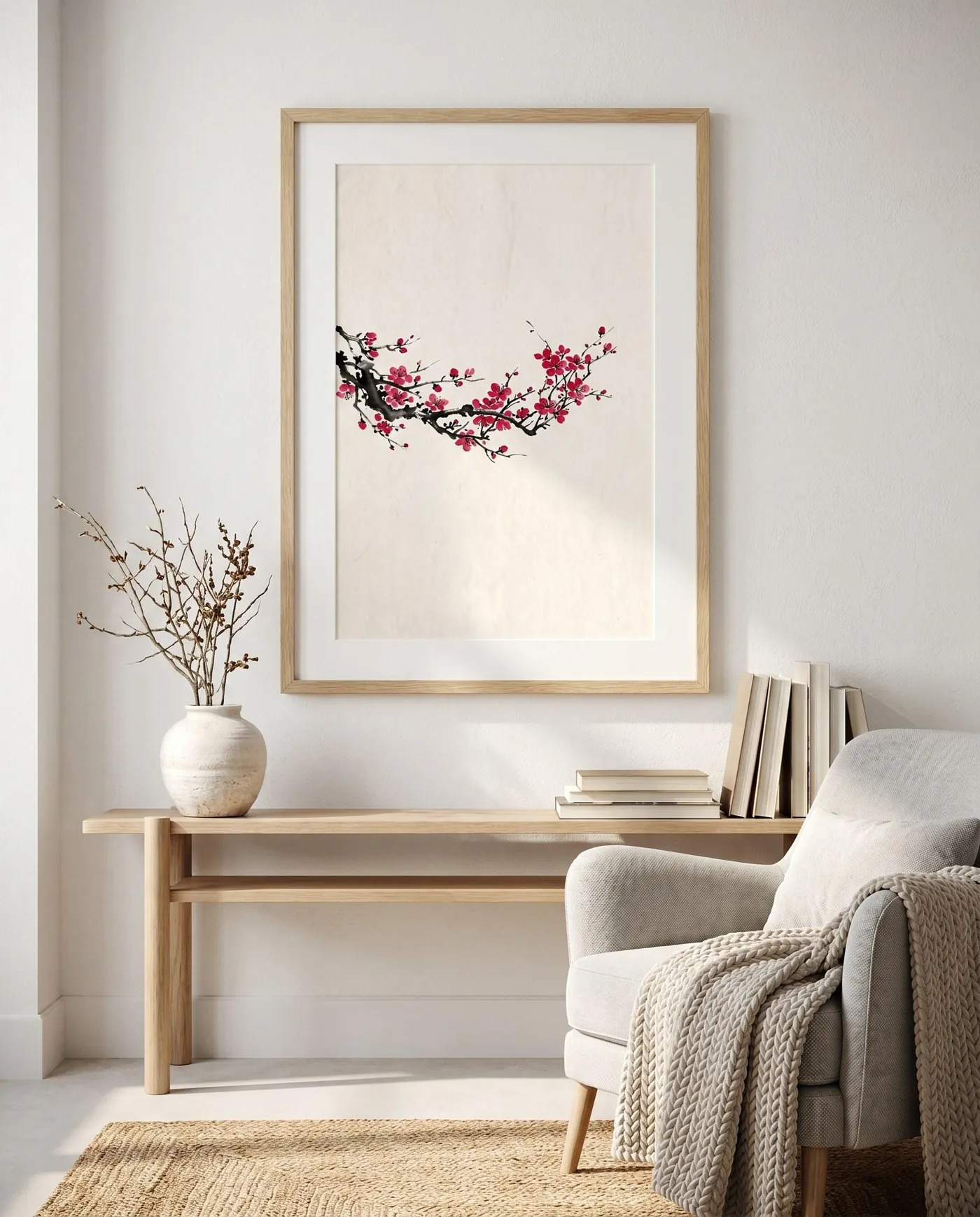 Botanical Wall Art | Japandi Cherry Blossom Sumi-e Ink Print | Black and White Zen Decor | Digital Download