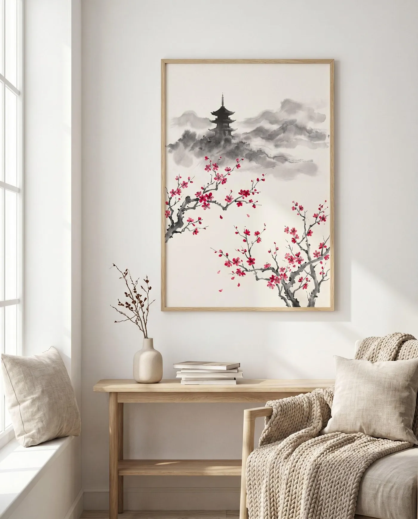 Botanical Wall Art | Red Japandi Pagoda Cherry Sumi-e Ink Print | Black and White Zen Decor | Digital Download