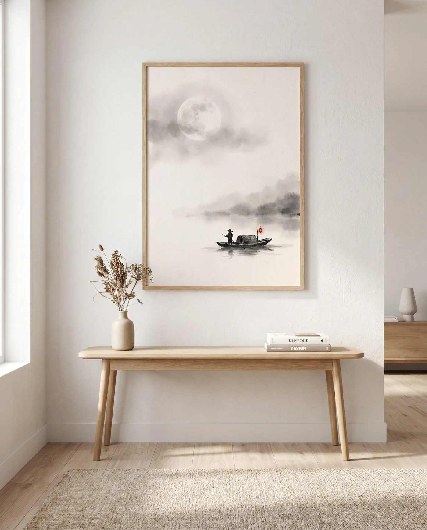 Japanese Landscape Art | Red Lantern Japandi Fisherman Sumi-e Ink Print | Black and White Zen Decor | Digital Download