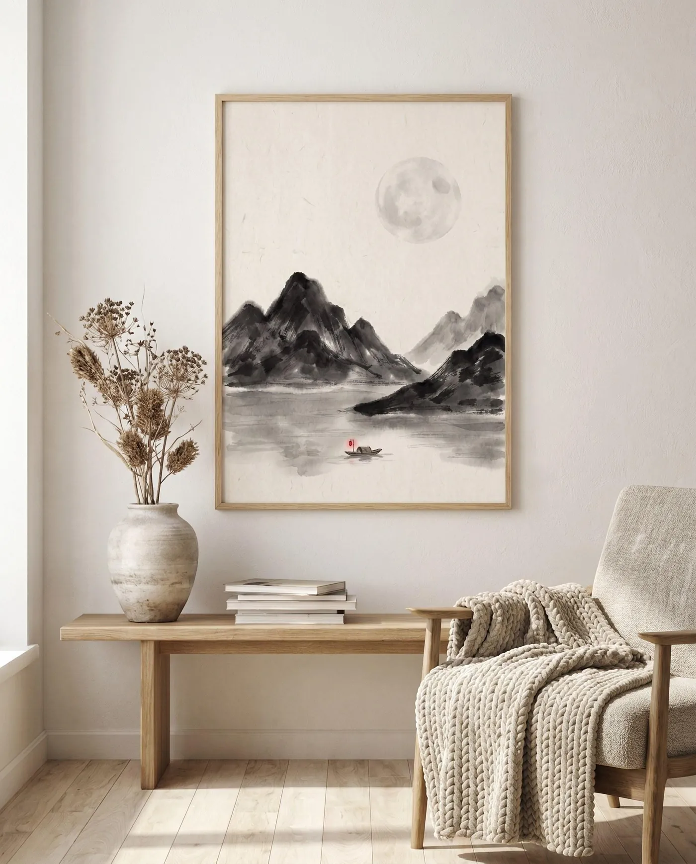 Japanese Landscape Art | Moonlit Lake Boat Red Sumi-e Ink Print | Black and White Zen Decor | Digital Download