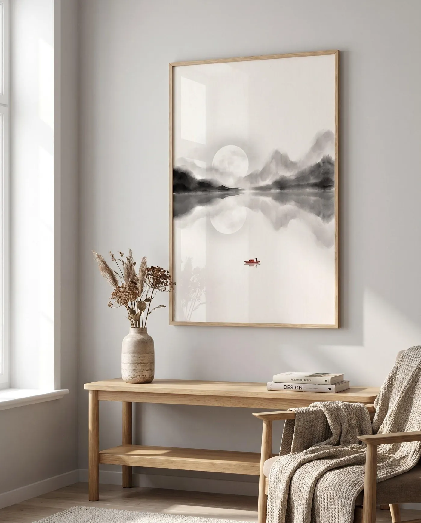 Japanese Landscape Art | Still Lake Moon Reflection Sumi-e Ink Print | Black and White Zen Decor | Digital Download