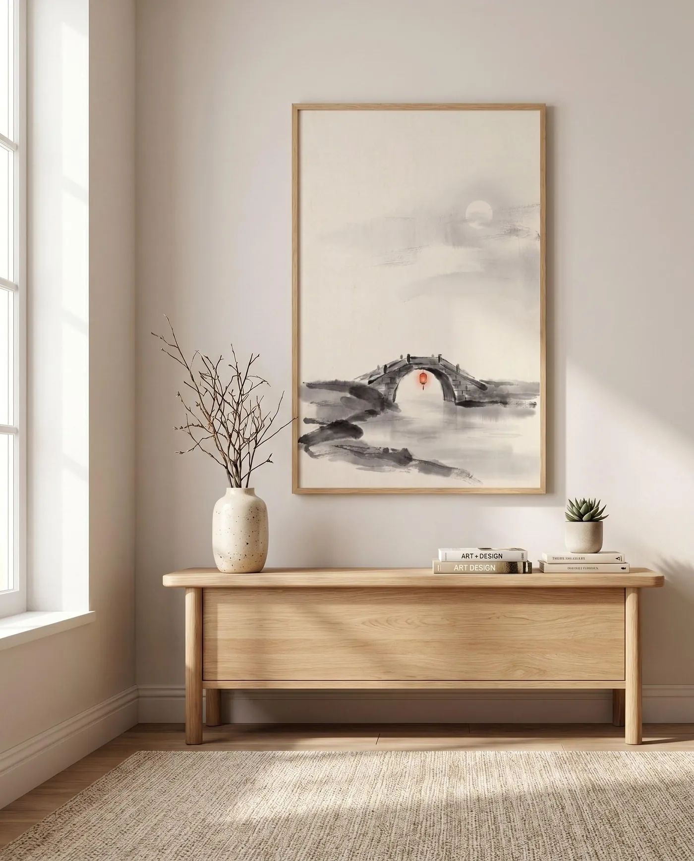 Japanese Landscape Art | Japandi Moonlit Bridge Red Sumi-e Ink Print | Black and White Zen Decor | Digital Download