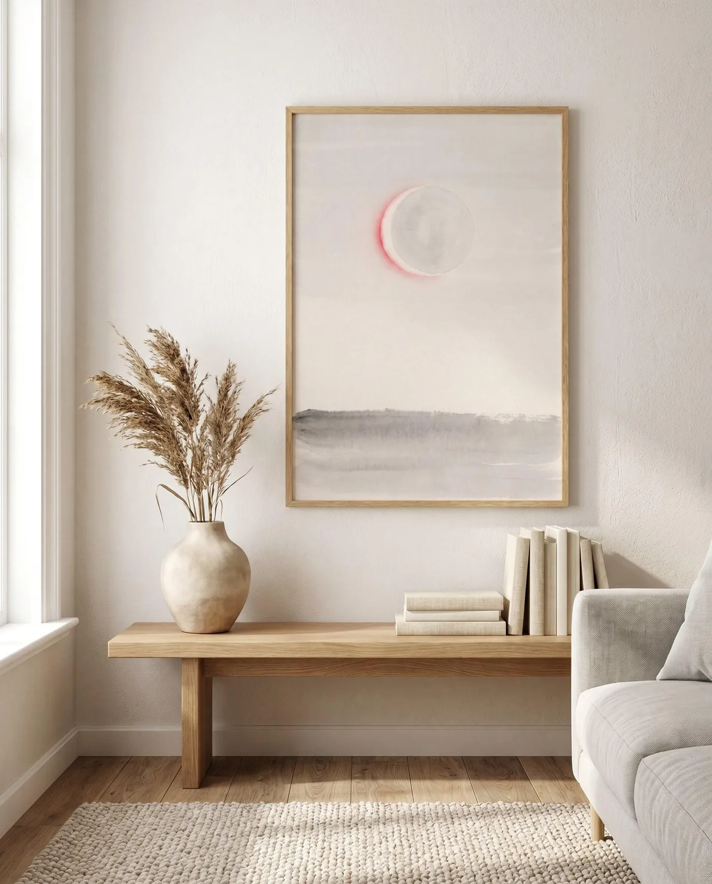 Japanese Landscape Art | Red Moon Lake Sumi-e Ink Print | Black and White Zen Decor | Digital Download | Printable Wall Art