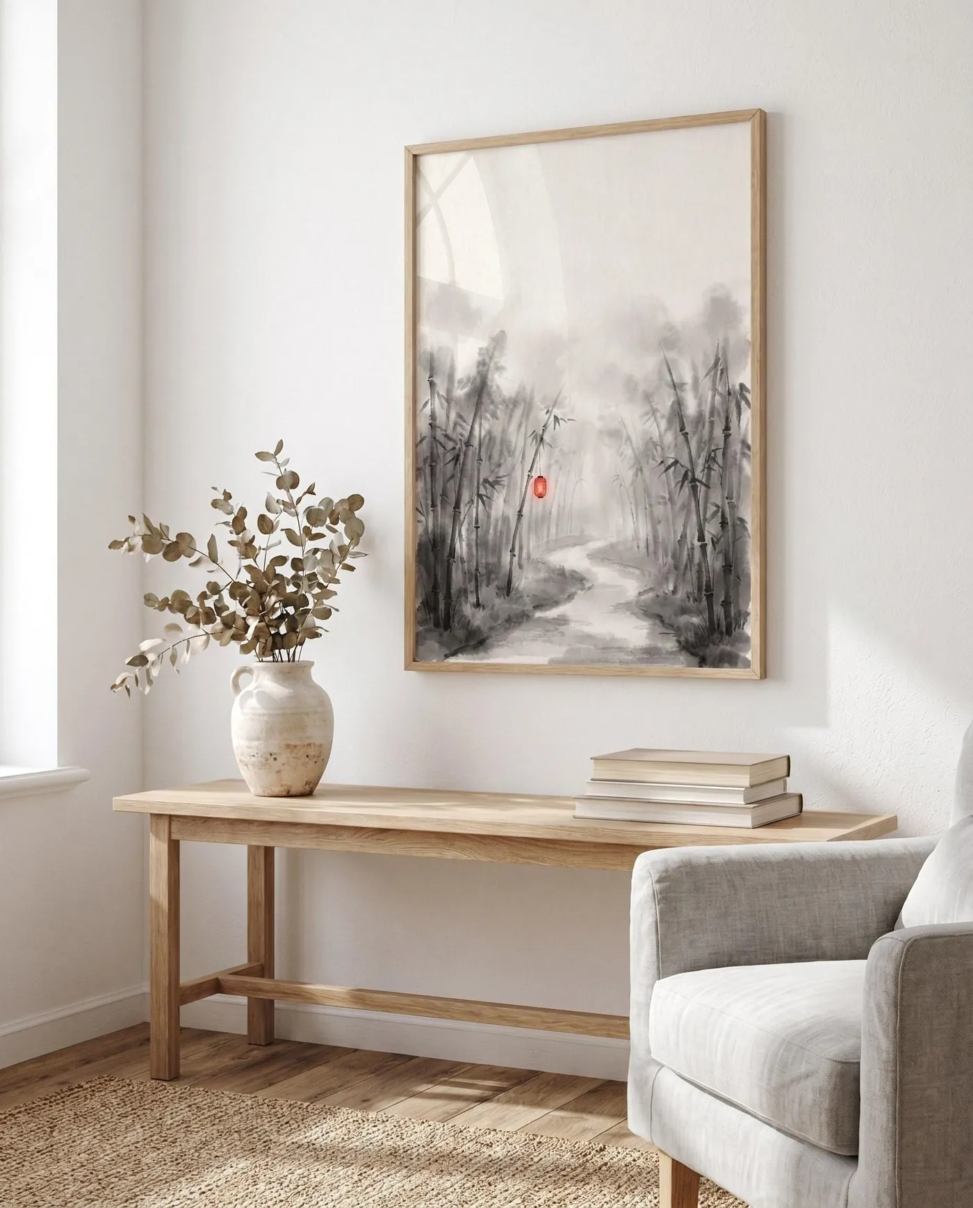 Botanical Wall Art | Red Lantern Japandi Bamboo Sumi-e Ink Print | Black and White Zen Decor | Digital Download