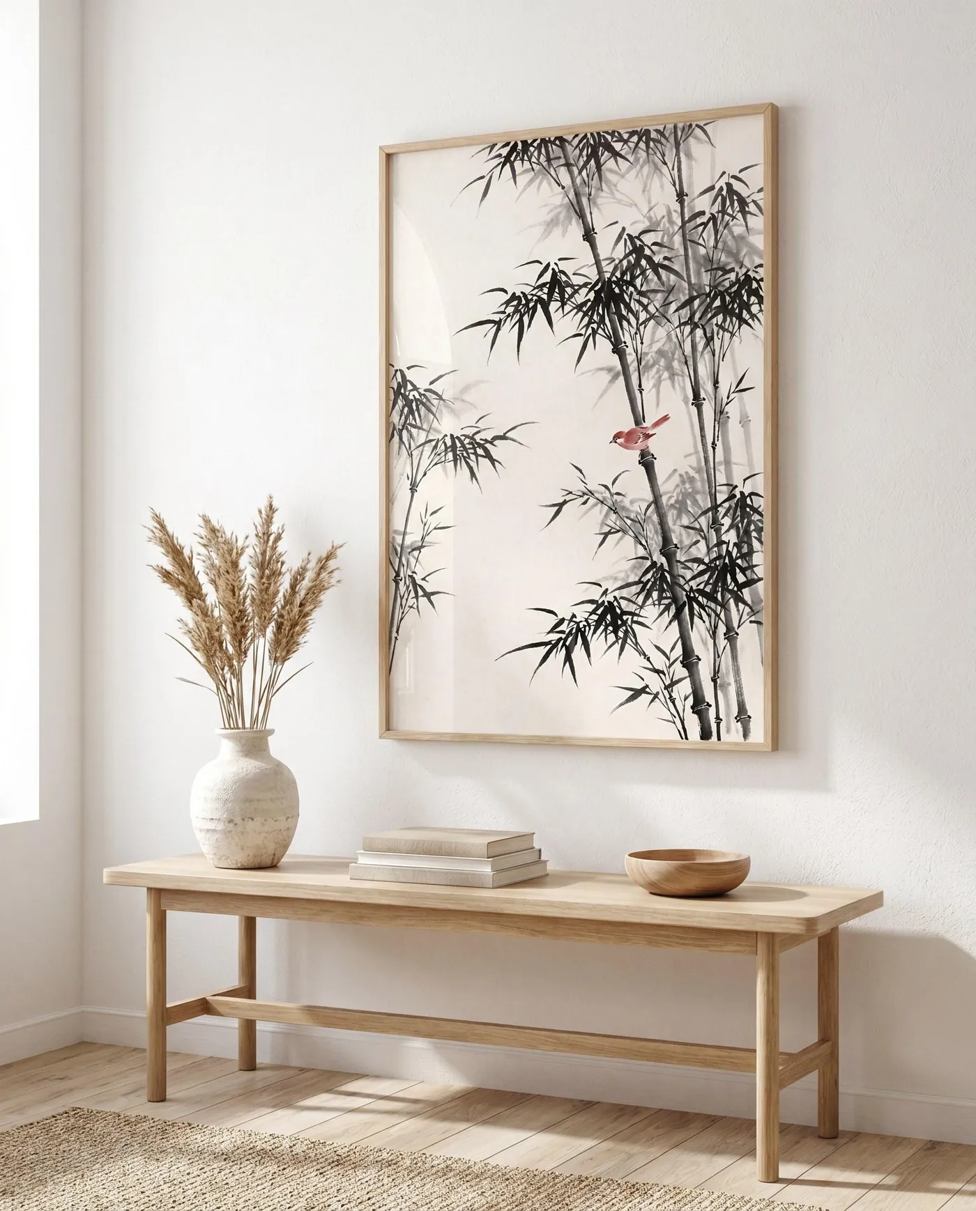 Botanical Wall Art | Bamboo Grove Red Bird Sumi-e Ink Print | Black and White Zen Decor | Digital Download