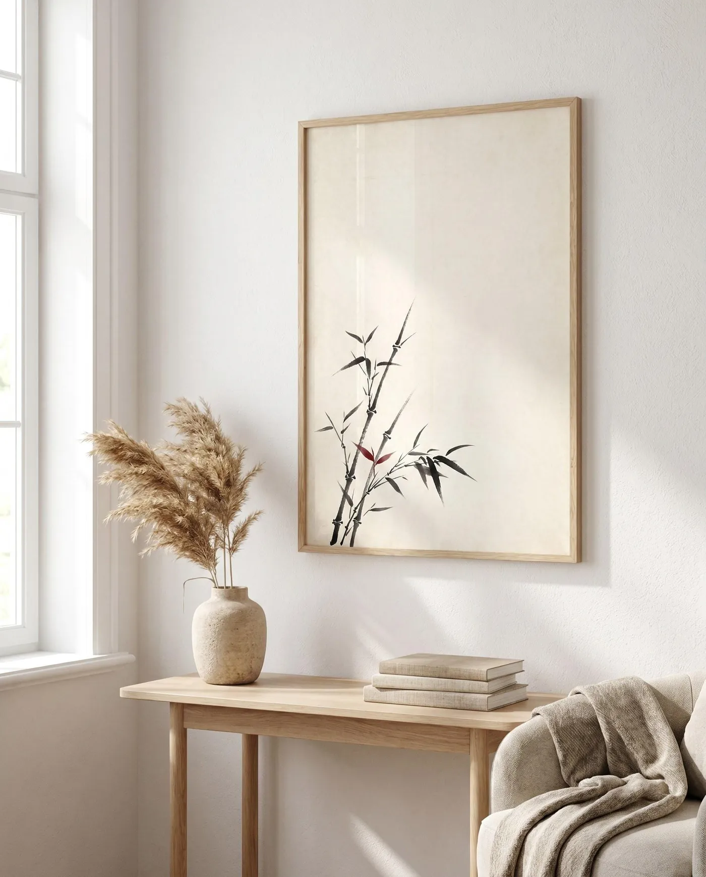Botanical Wall Art | Red Japandi Bamboo Sumi-e Ink Print | Black and White Zen Decor | Digital Download | Printable Wall Art