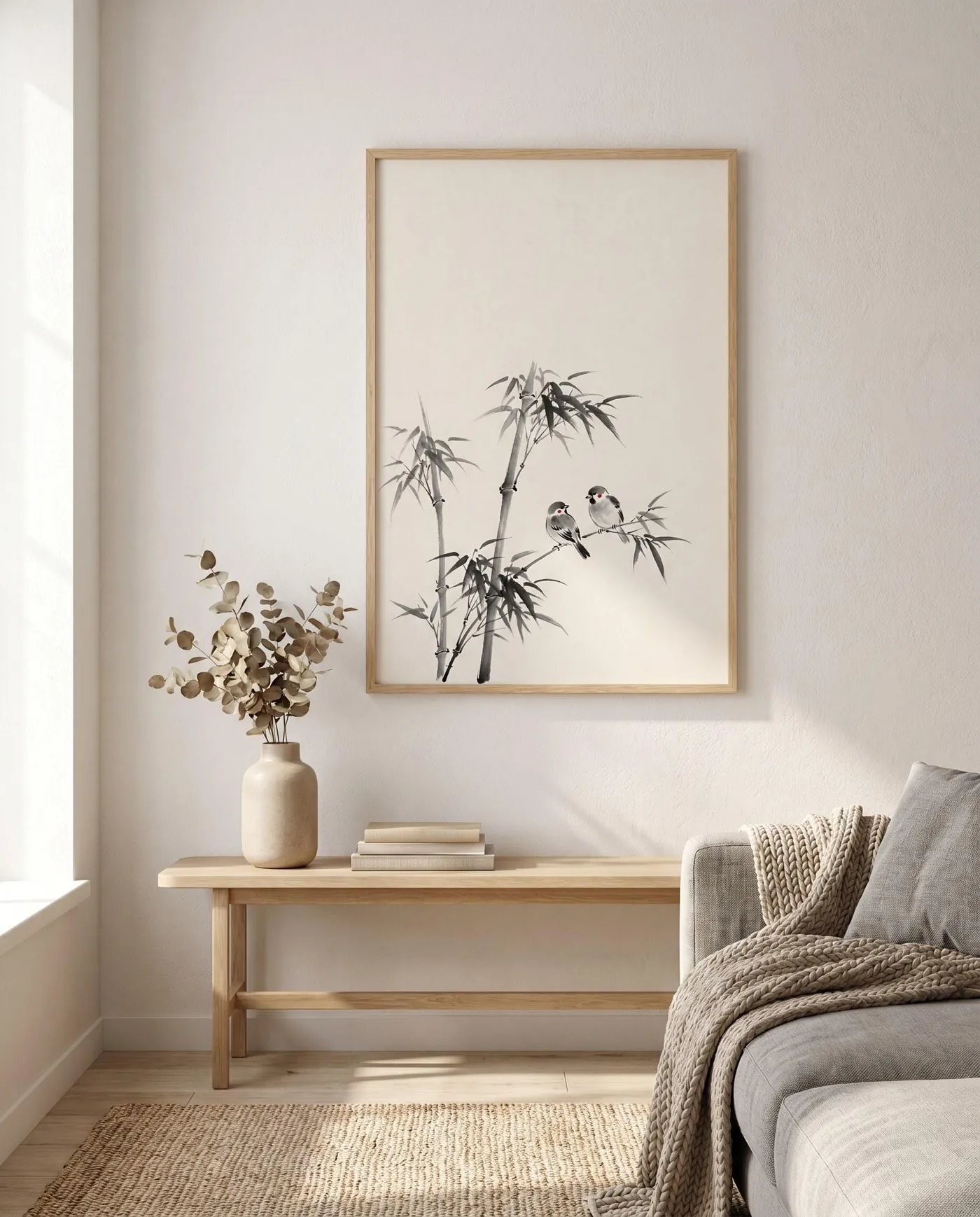 Japanese Wall Art | Bamboo Sparrows Sumi-e Ink Print | Black and White Zen Decor | Digital Download | Printable Wall Art