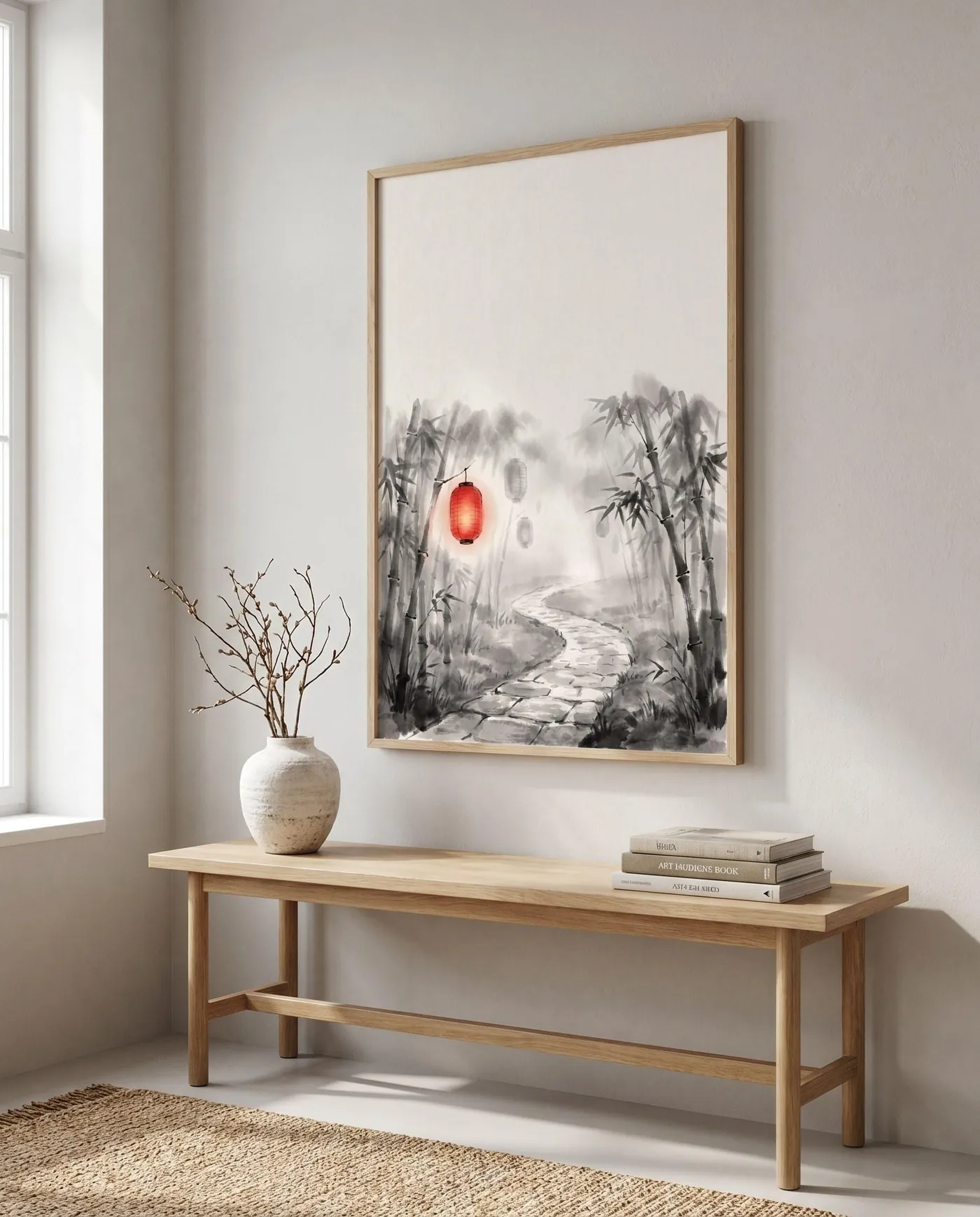 Botanical Wall Art | Red Japandi Bamboo Lantern Sumi-e Ink Print | Black and White Zen Decor | Digital Download