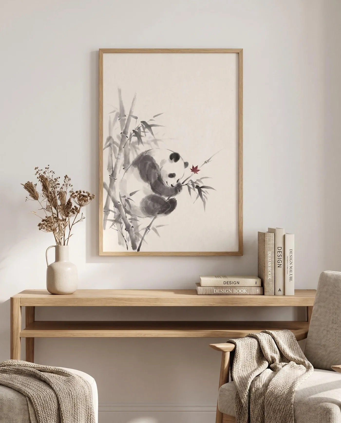 Botanical Wall Art | Red Panda Bamboo Sumi-e Ink Print | Black and White Zen Decor | Digital Download | Printable Wall Art