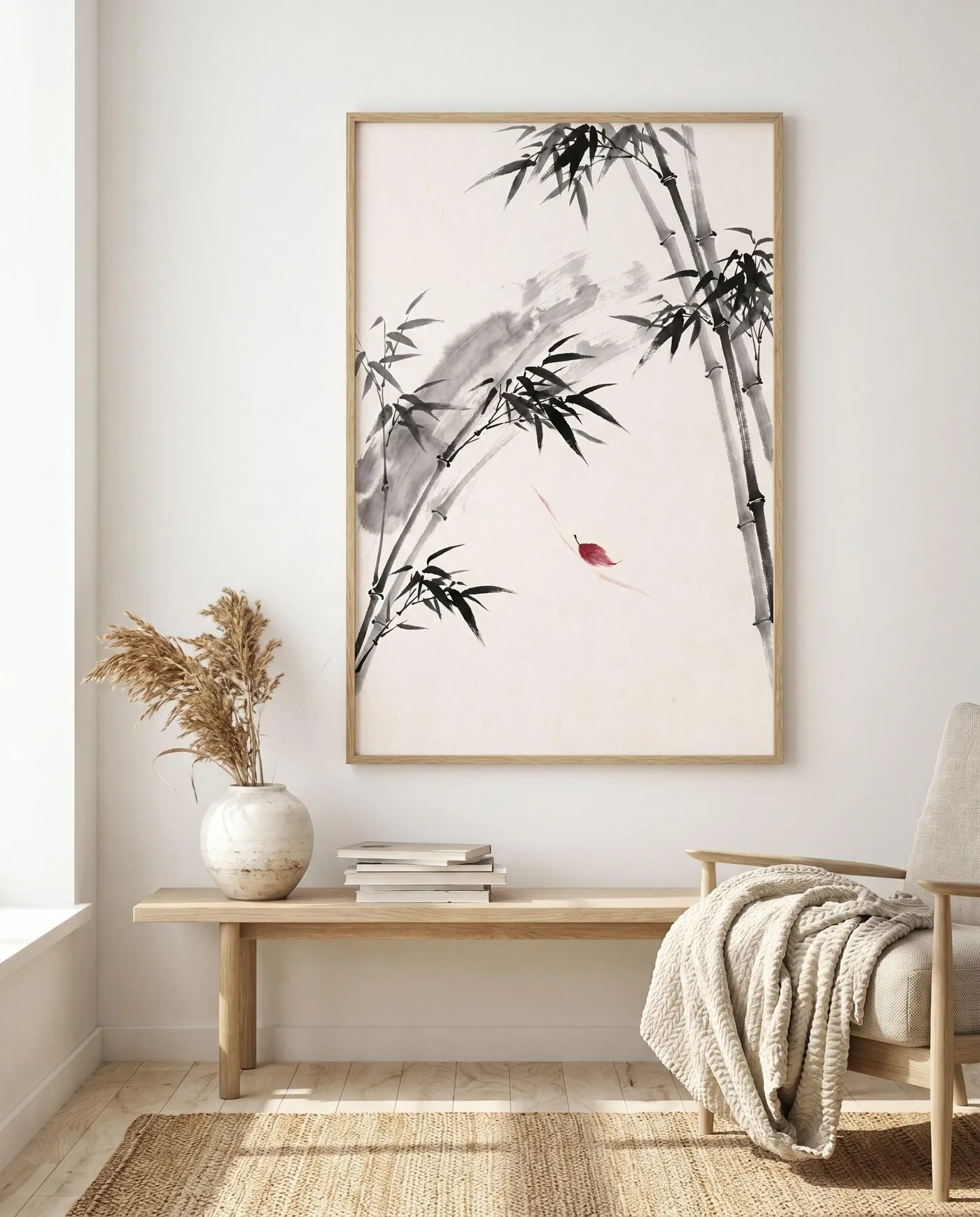 Botanical Wall Art | Red Bamboo Sumi-e Ink Print | Black and White Zen Decor | Digital Download | Printable Wall Art