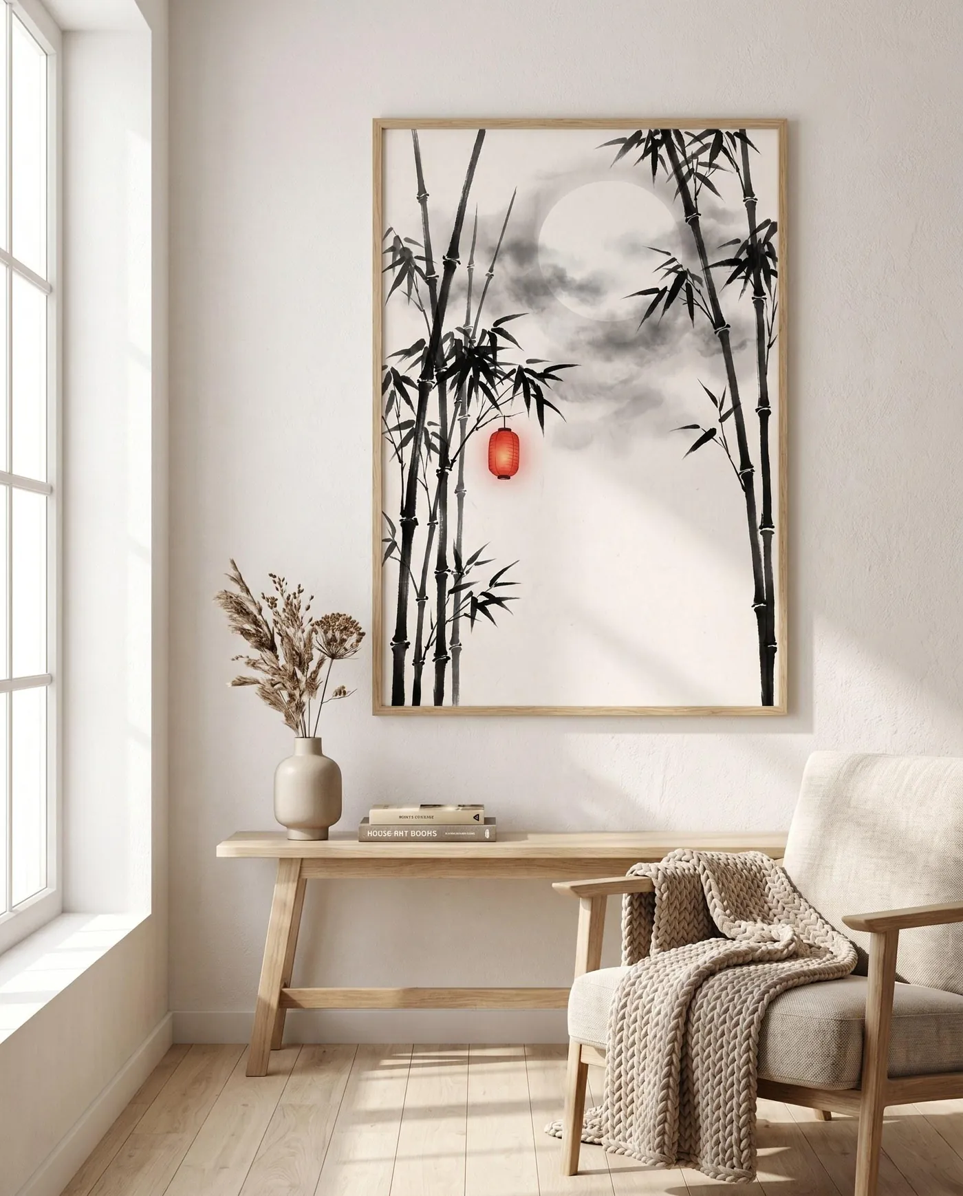 Botanical Wall Art | Japandi Bamboo Moon Red Sumi-e Ink Print | Black and White Zen Decor | Digital Download