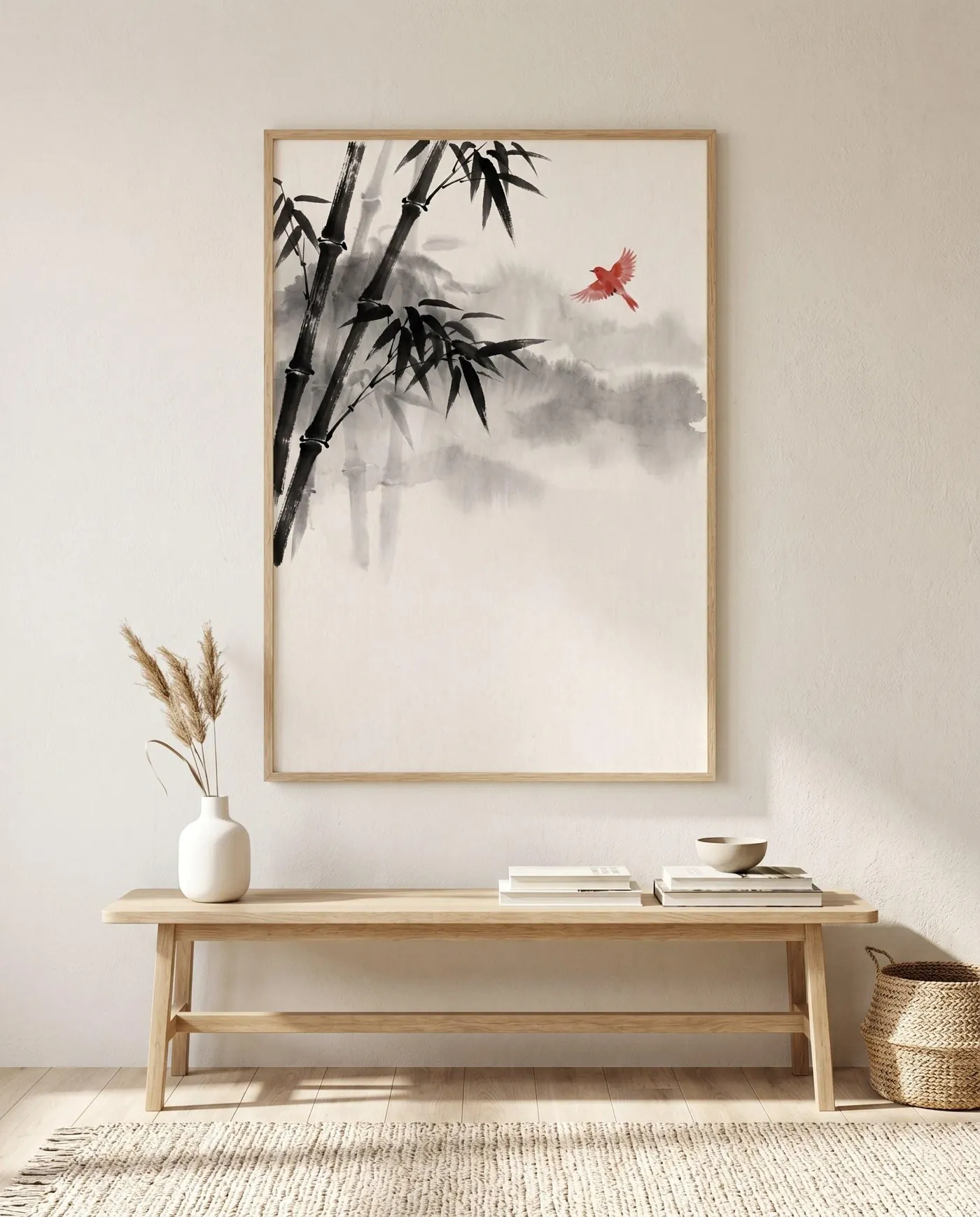 Botanical Wall Art | Japandi Misty Bamboo Grove Sumi-e Ink Print | Black and White Zen Decor | Digital Download