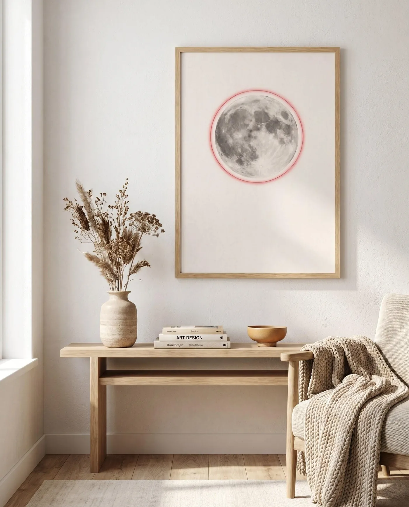 Moon Wall Art | Red Celestial Boho Full Sumi-e Ink Print | Black and White Celestial Decor | Digital Download