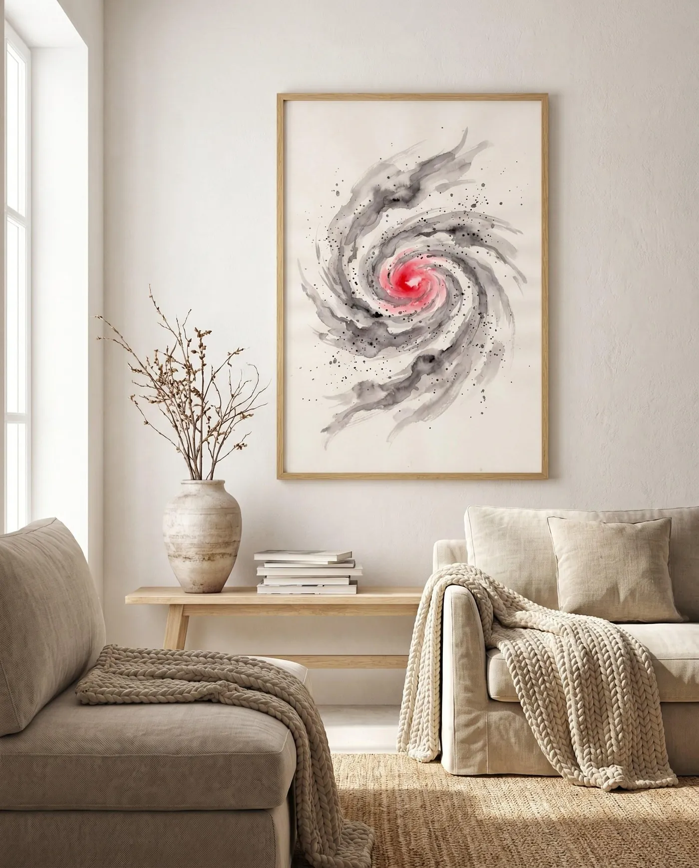 Moon Wall Art | Red Celestial Spiral Galaxy Sumi-e Ink Print | Black and White Celestial Decor | Digital Download