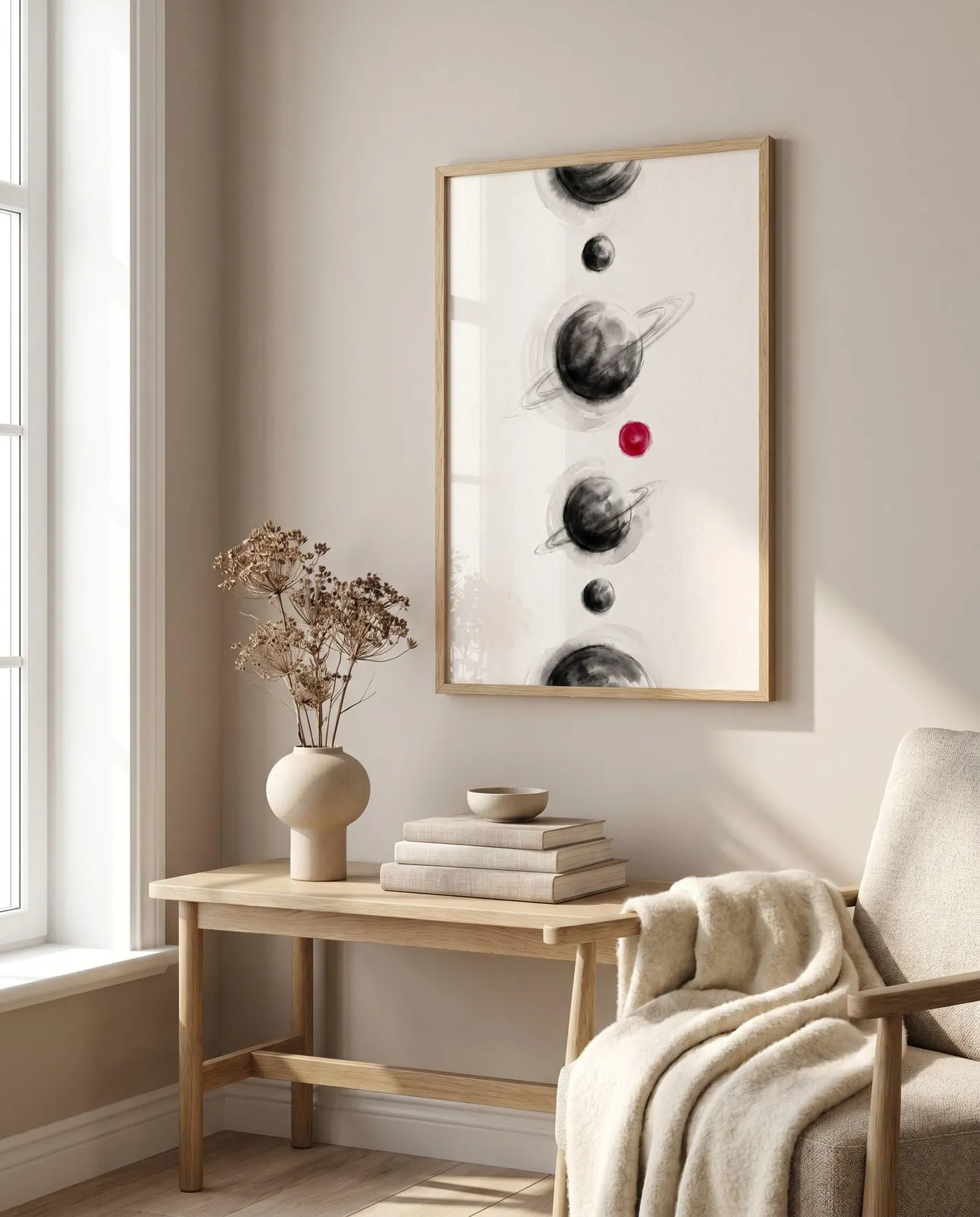 Moon Wall Art | Red Celestial Planets Alignment Sumi-e Ink Print | Black and White Celestial Decor | Digital Download