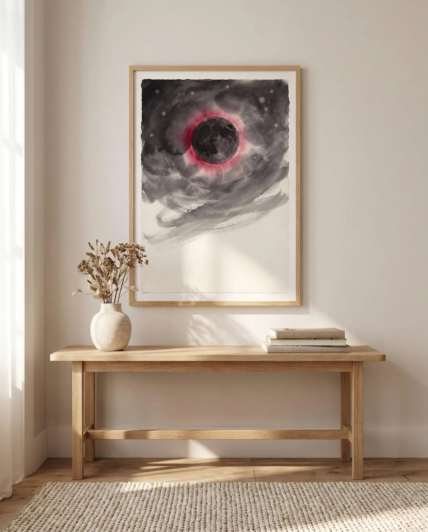 Moon Wall Art | Red Celestial Solar Eclipse Sumi-e Ink Print | Black and White Celestial Decor | Digital Download