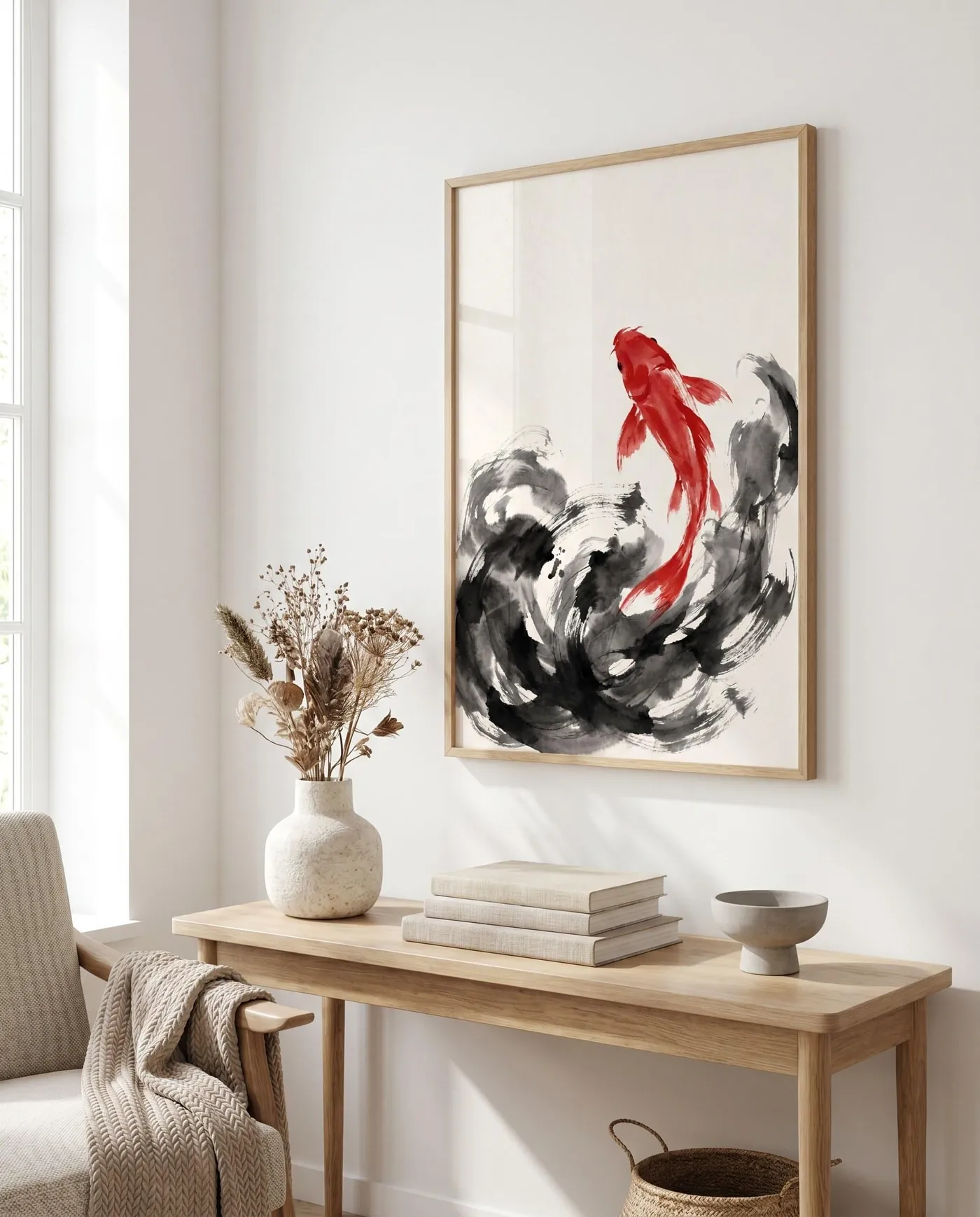 Koi Fish Wall Art | Red Japandi Ascending Sumi-e Ink Print | Black and White Zen Decor | Digital Download