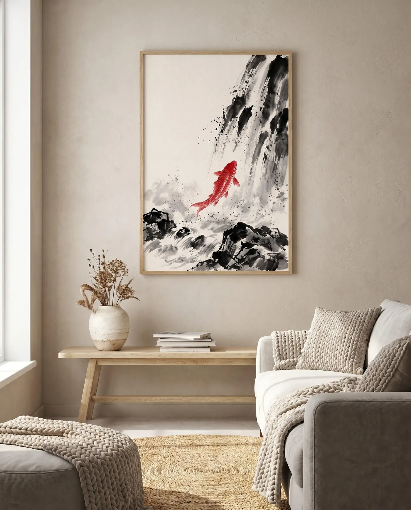 Japanese Wall Art | Red Japandi Koi Fish Sumi-e Ink Print | Black and White Zen Decor | Digital Download