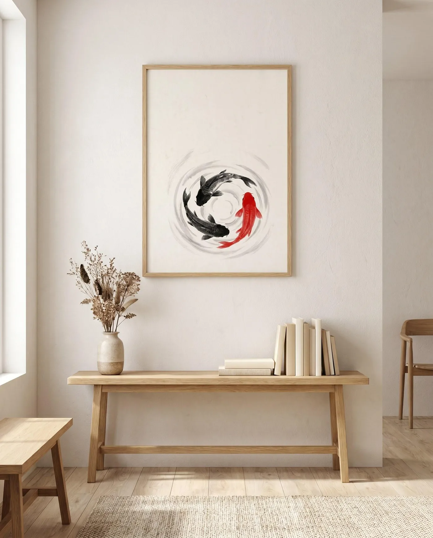 Koi Fish Wall Art | Red Japandi Three Sumi-e Ink Print | Black and White Zen Decor | Digital Download | Printable Wall Art