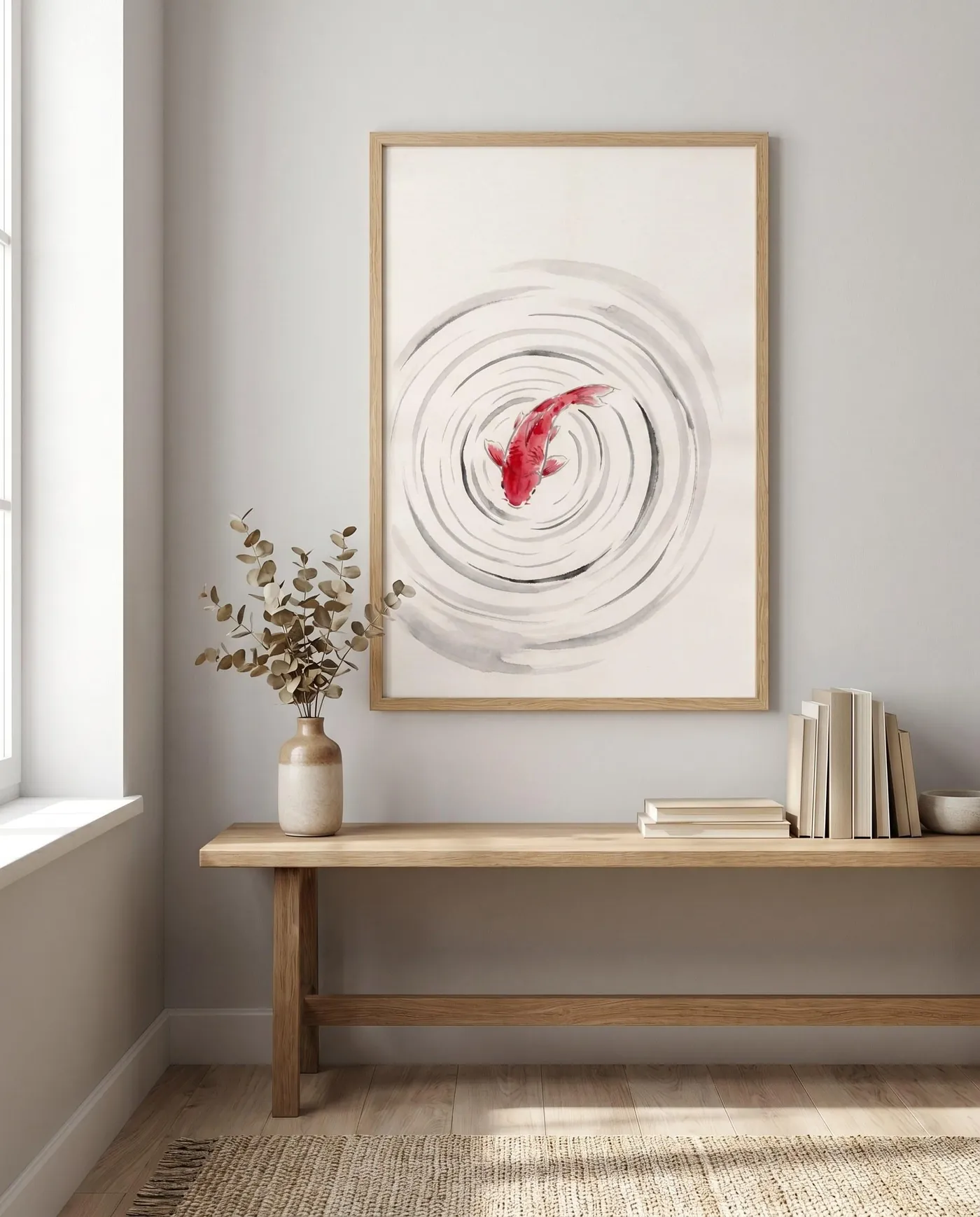 Koi Fish Wall Art | Red Sumi-e Ink Print | Black and White Zen Decor | Digital Download | Printable Wall Art