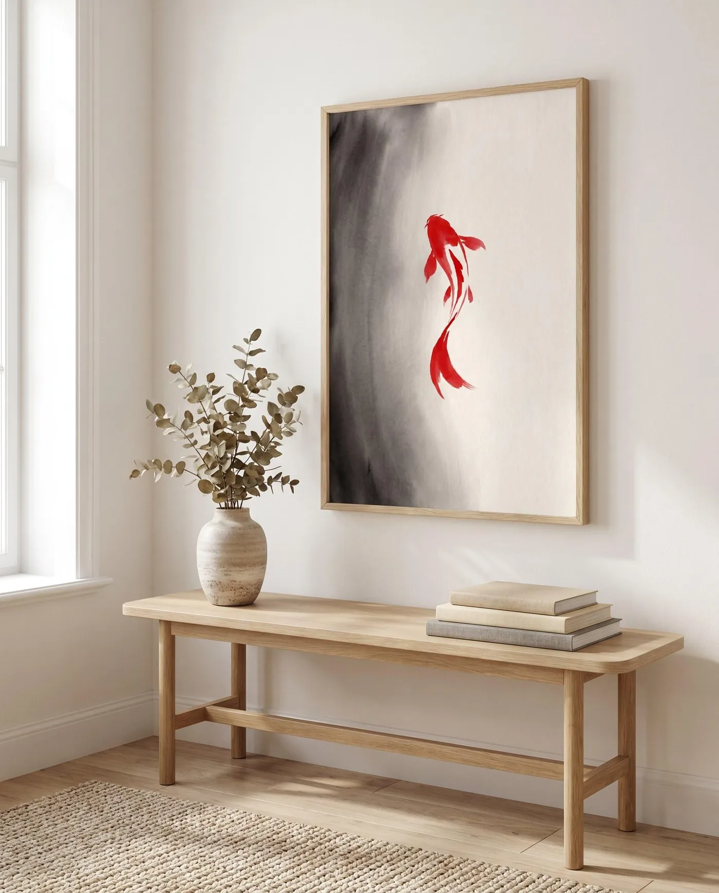 Koi Fish Wall Art | Red Japandi Sumi-e Ink Print | Black and White Zen Decor | Digital Download | Printable Wall Art