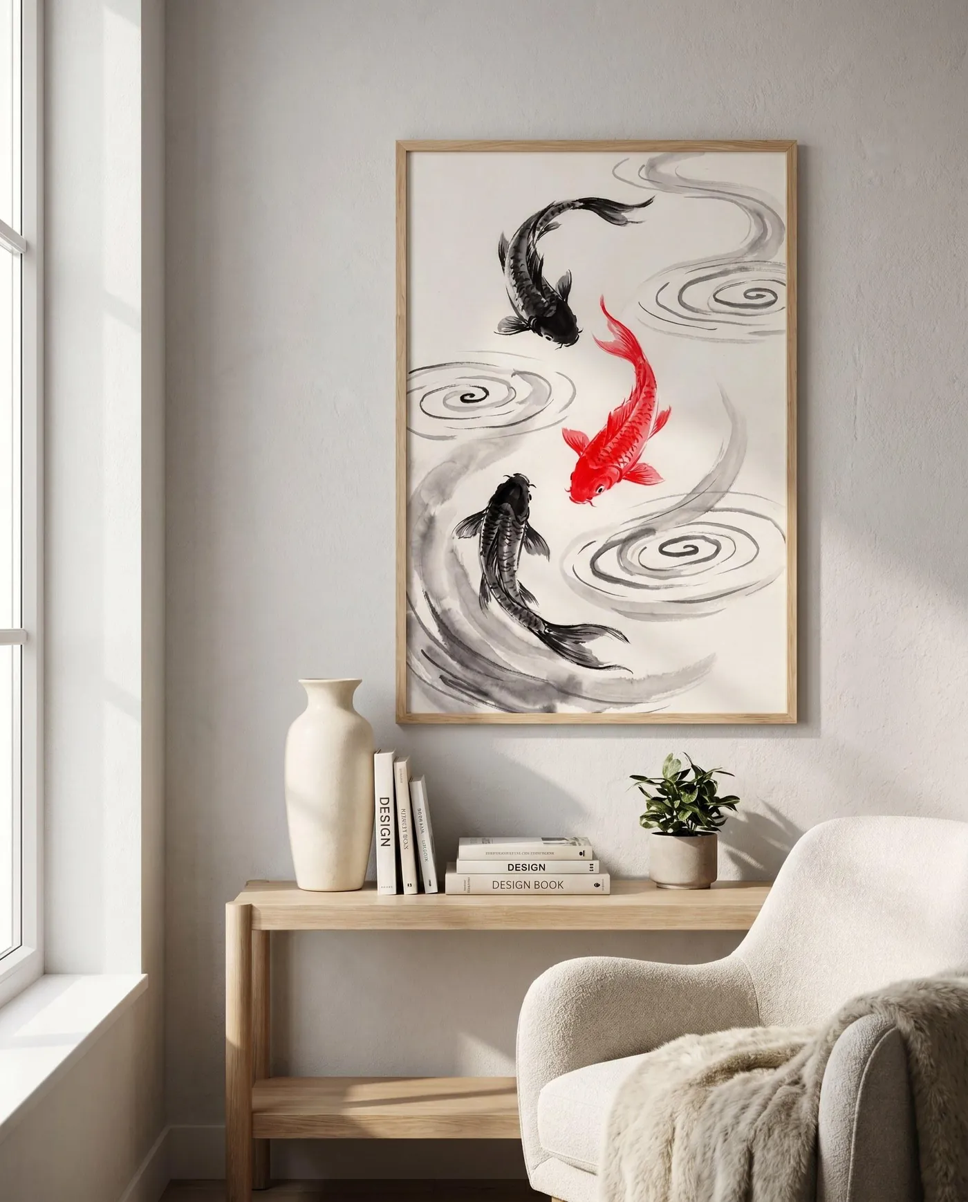 Three Koi Fish Ink Print | Black White Red Minimalist Japandi Wall Art (Digital Download)