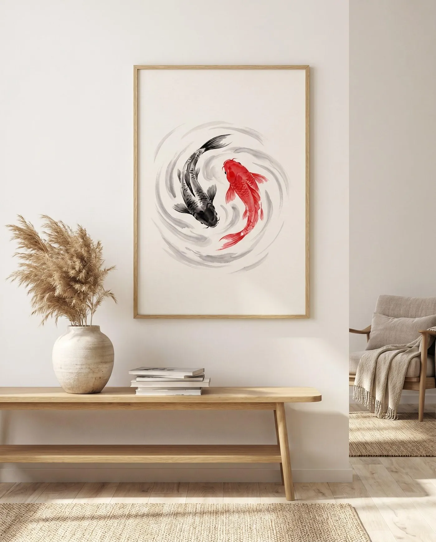 Koi Fish Wall Art | Wash Yin Yang Sumi-e Ink Print | Black and White Zen Decor | Digital Download | Printable Wall Art