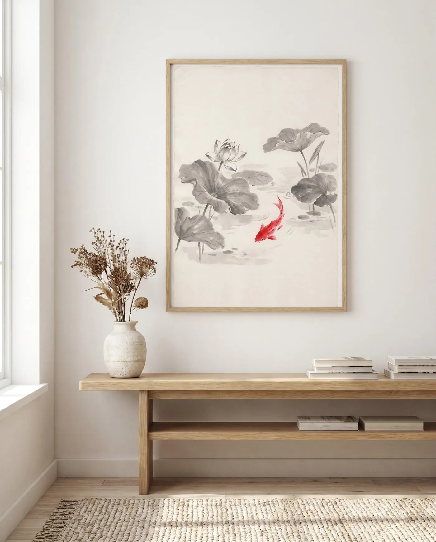Japanese Wall Art | Red Japandi Lotus Pond Sumi-e Ink Print | Black and White Zen Decor | Digital Download