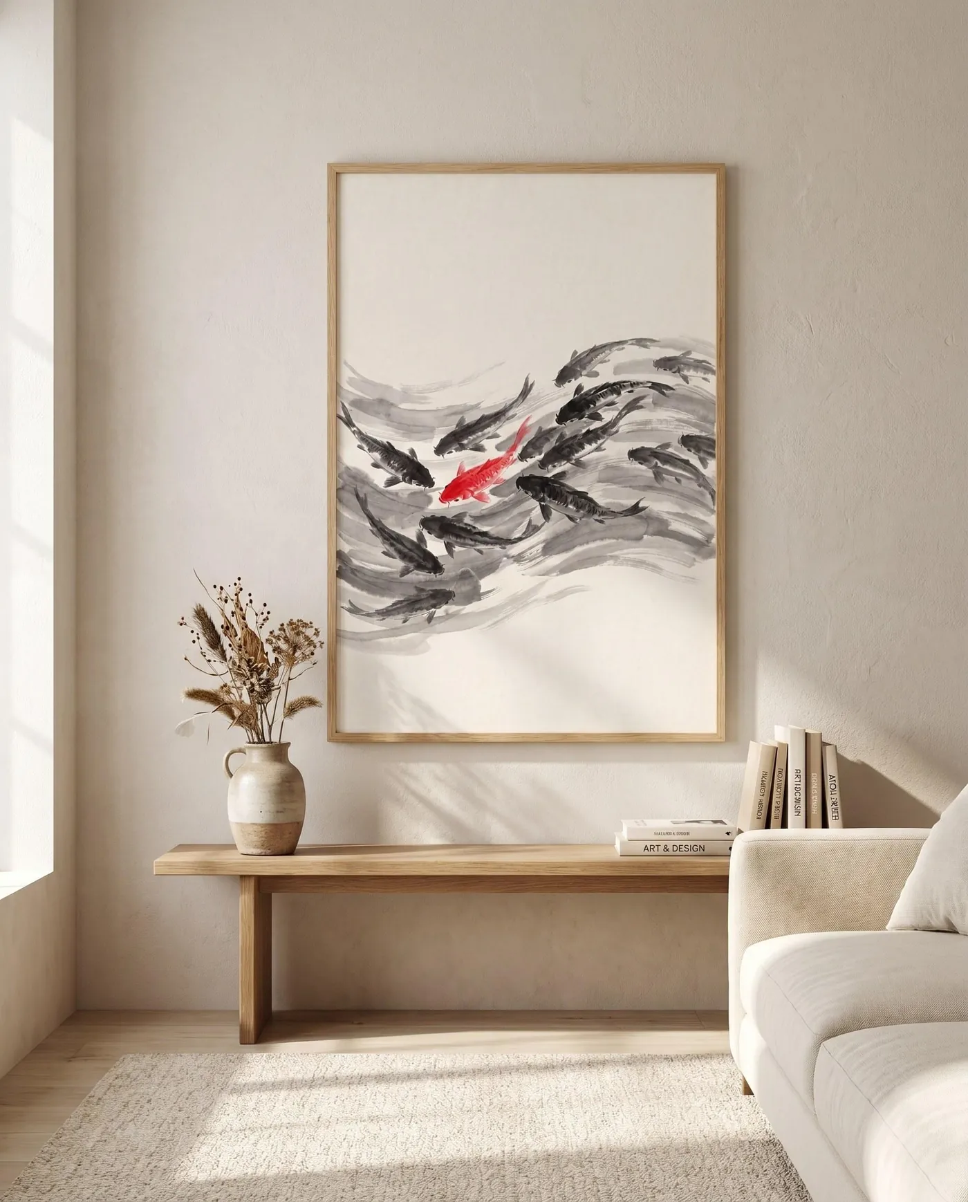 Koi Fish Ink Print | Black White Red Minimalist Japandi Wall Art (Digital Download)