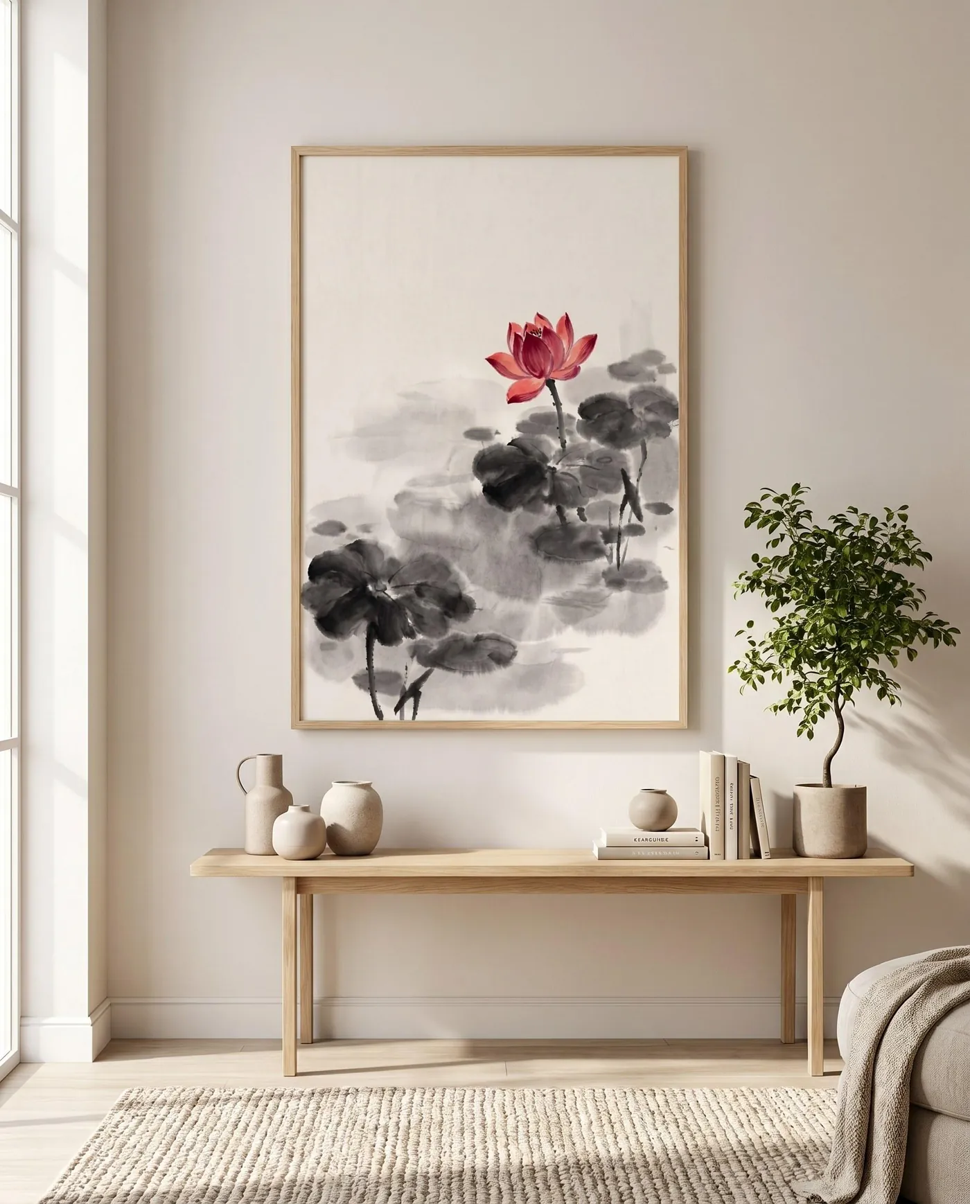 Botanical Wall Art | Red Japandi Lotus Pond Sumi-e Ink Print | Black and White Zen Decor | Digital Download
