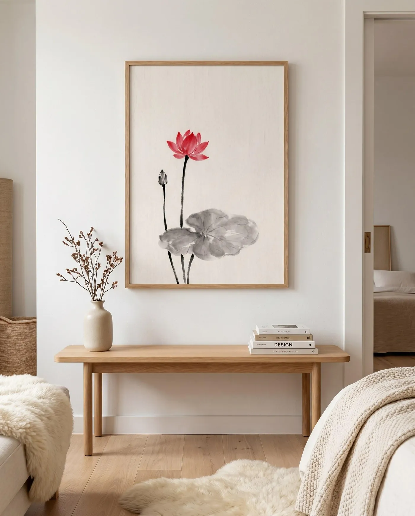 Botanical Wall Art | Red Two Lotus Flowers Sumi-e Ink Print | Black and White Zen Decor | Digital Download